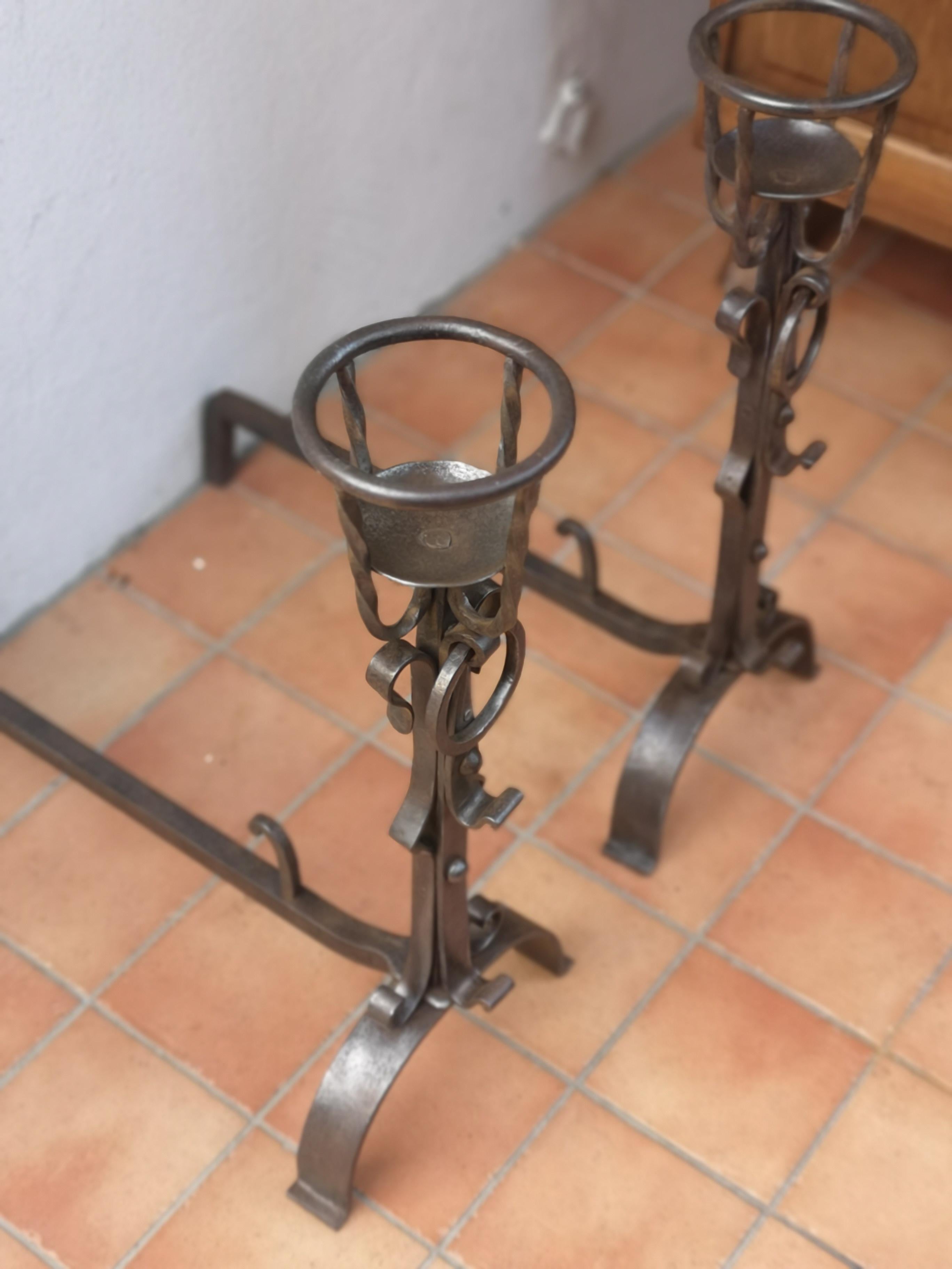 French pair of wrought iron andirons For Sale