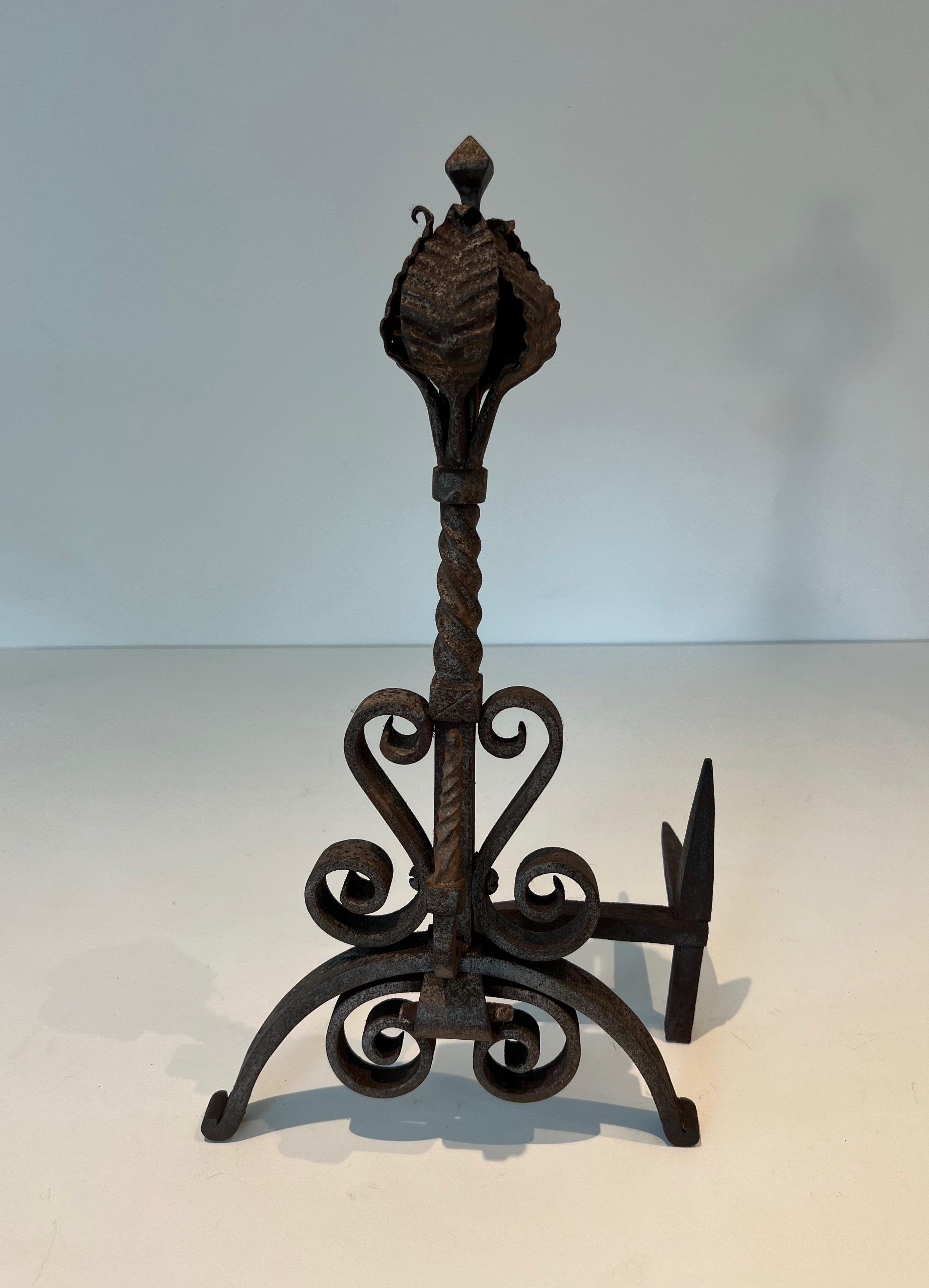 Cast Pair of Wrought Iron Andirons For Sale