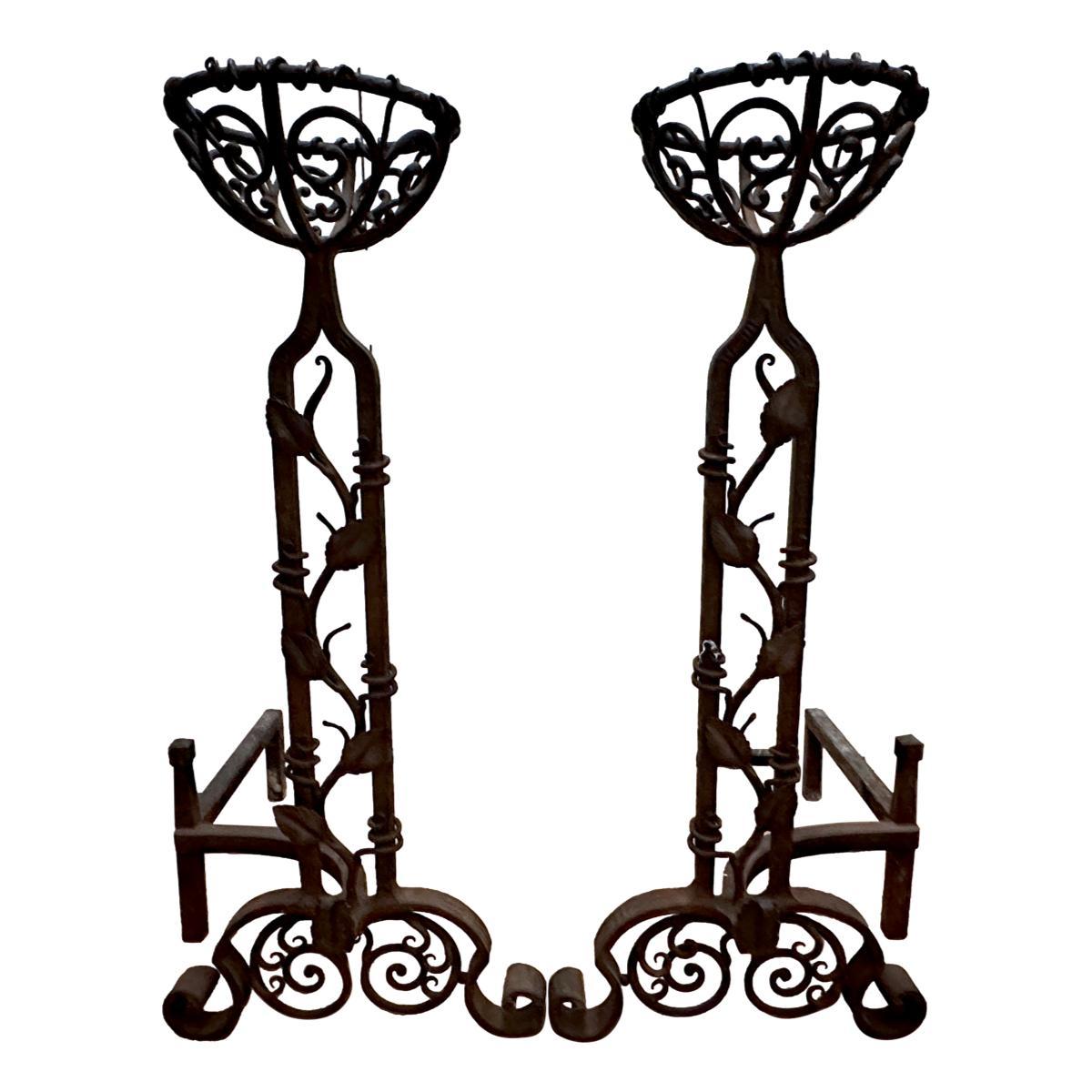 Early 20th Century Pair of Wrought Iron Andirons For Sale