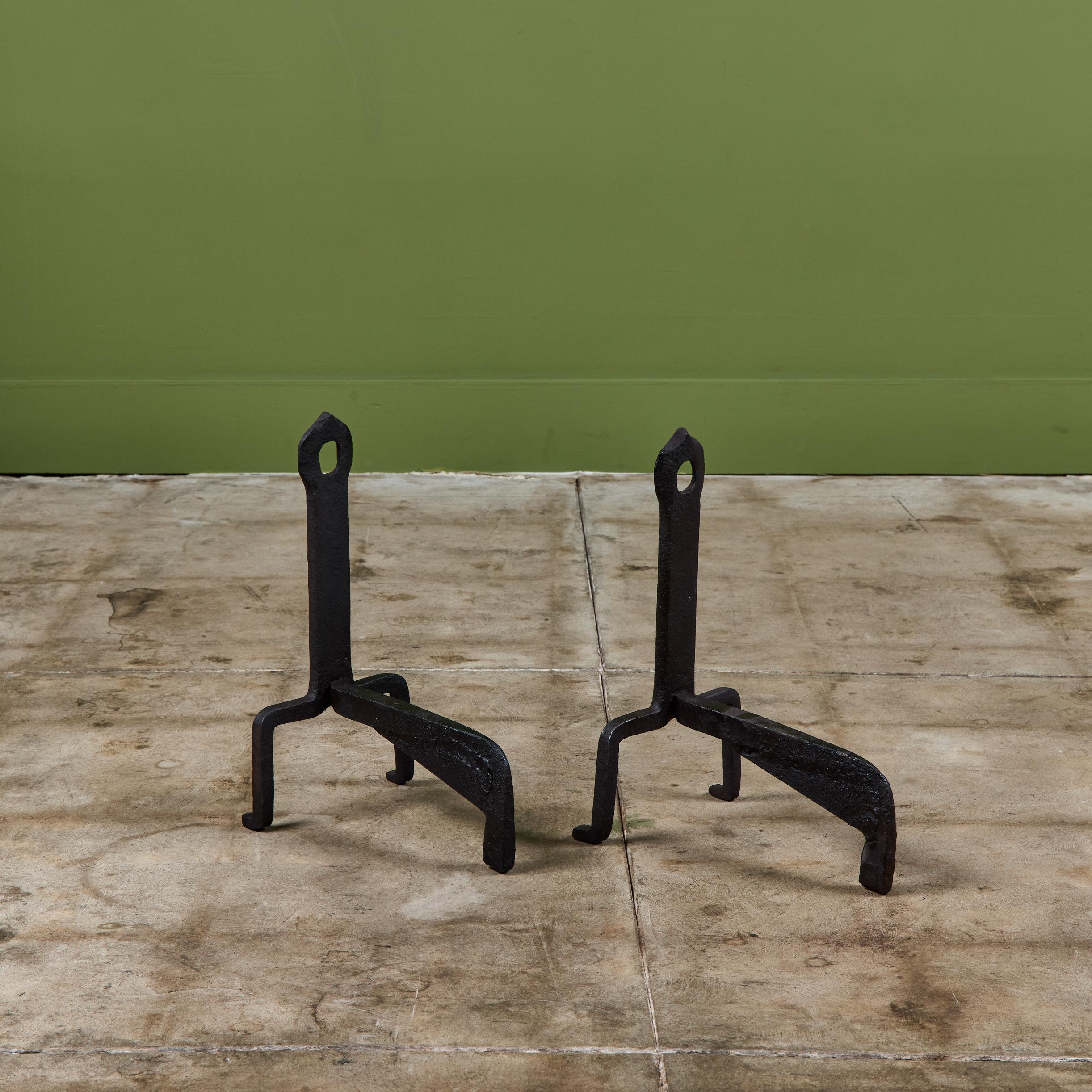 20th Century Pair of Wrought Iron Andirons For Sale