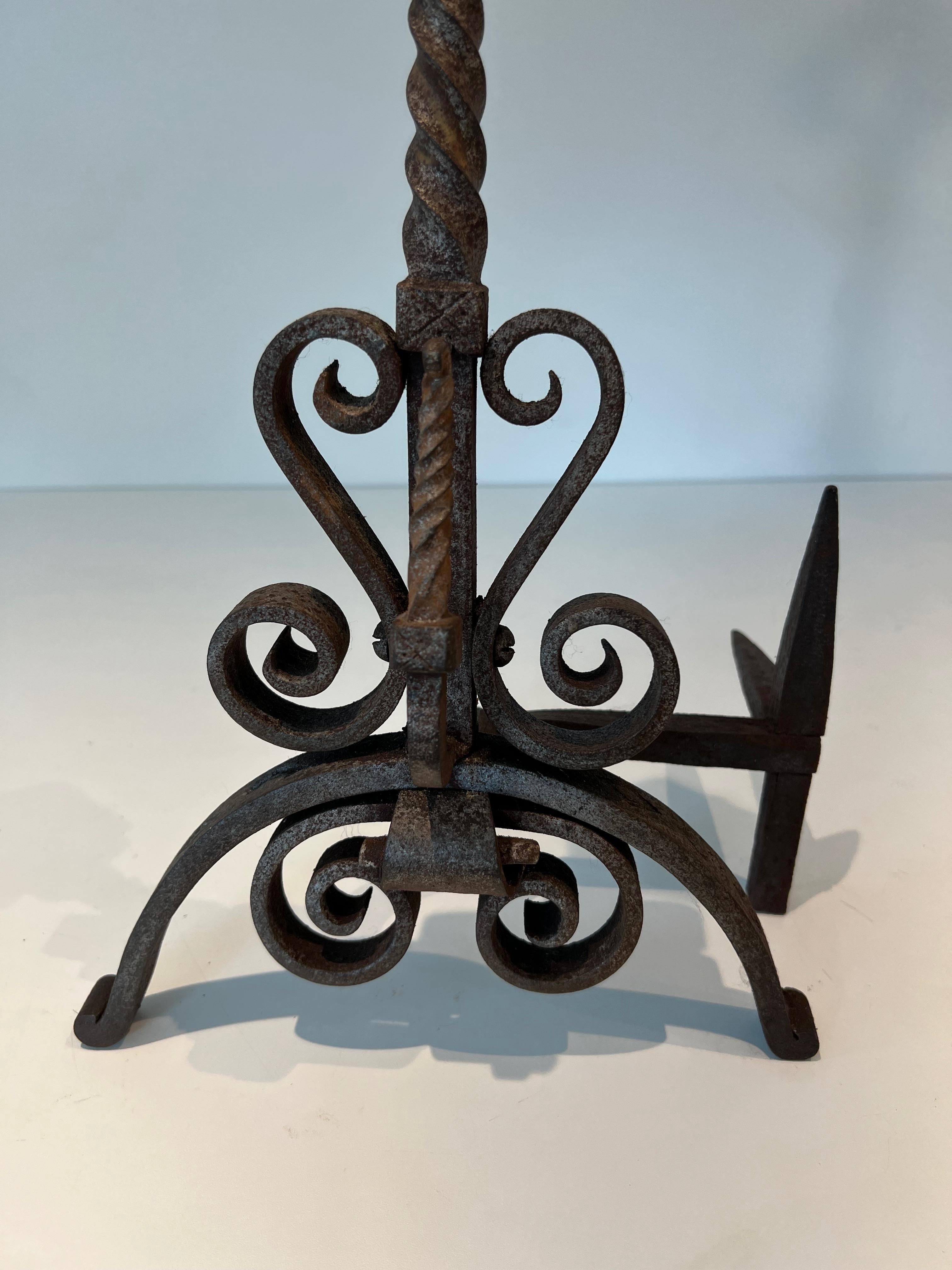 Early 20th Century Pair of Wrought Iron Andirons For Sale