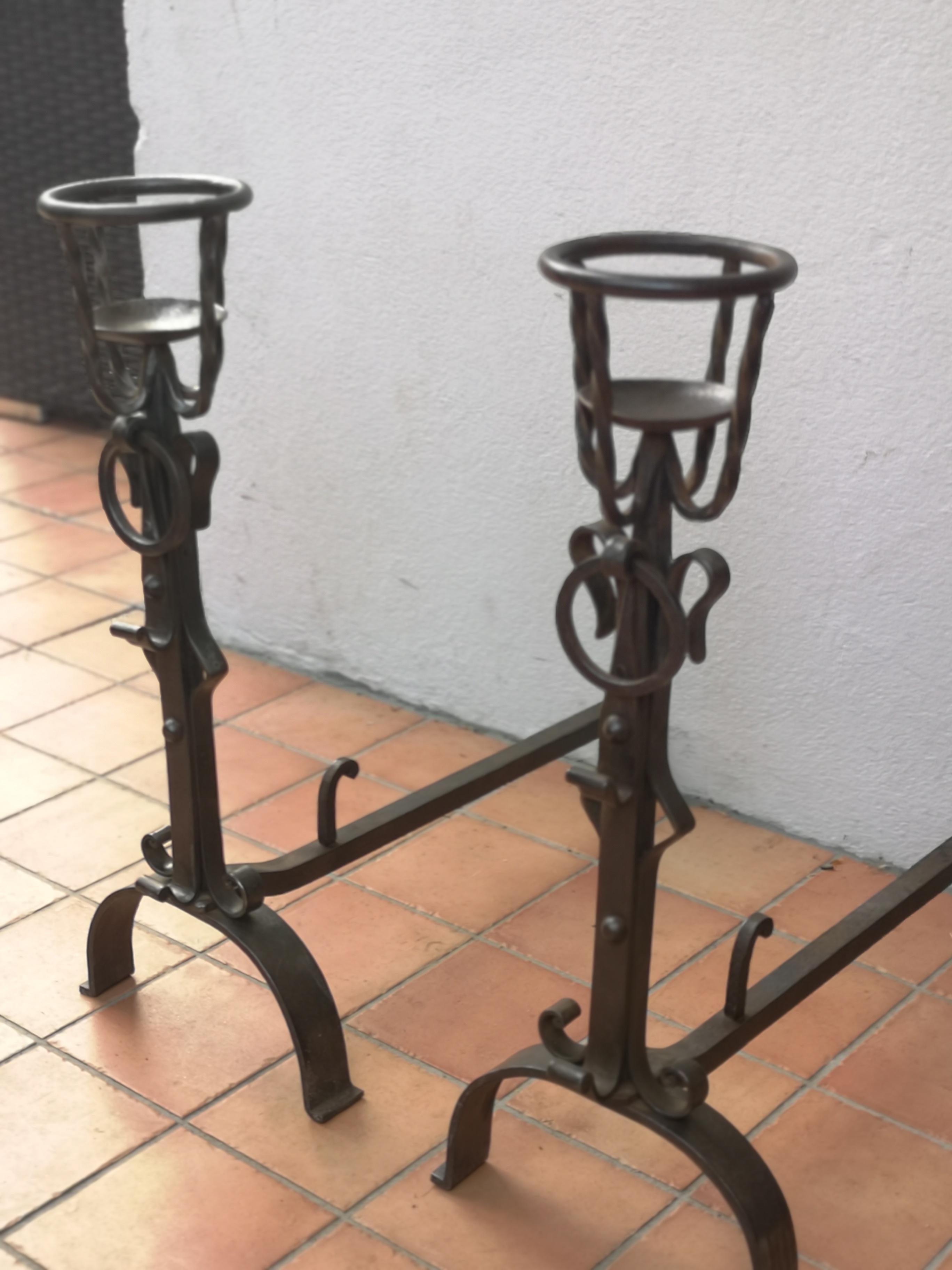 Wrought Iron pair of wrought iron andirons For Sale