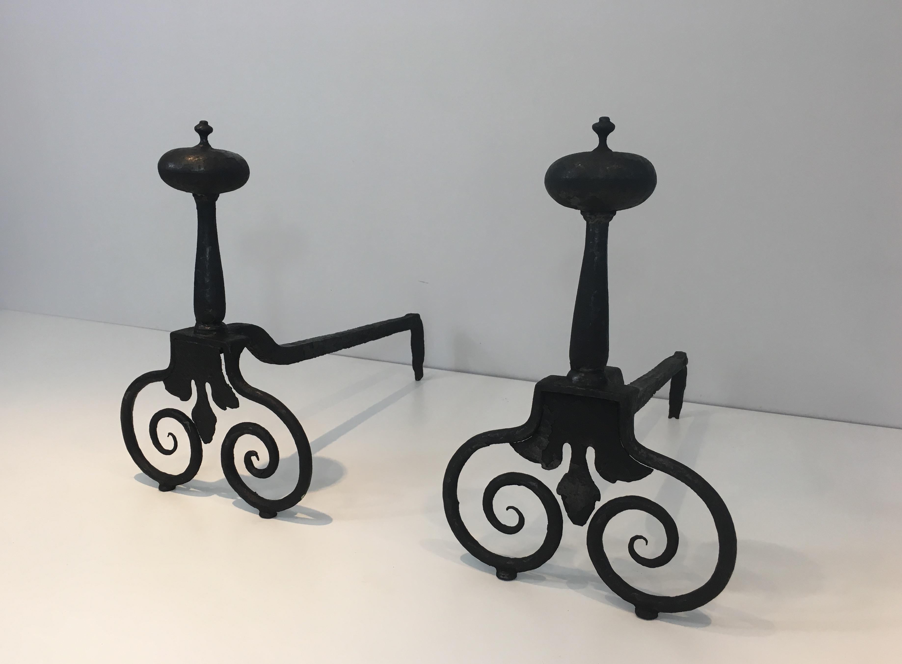 Pair of Wrought Iron Andirons, French, 18th Century.