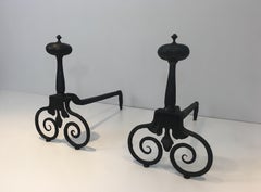 Pair of Wrought Iron Andirons, French, 18th Century