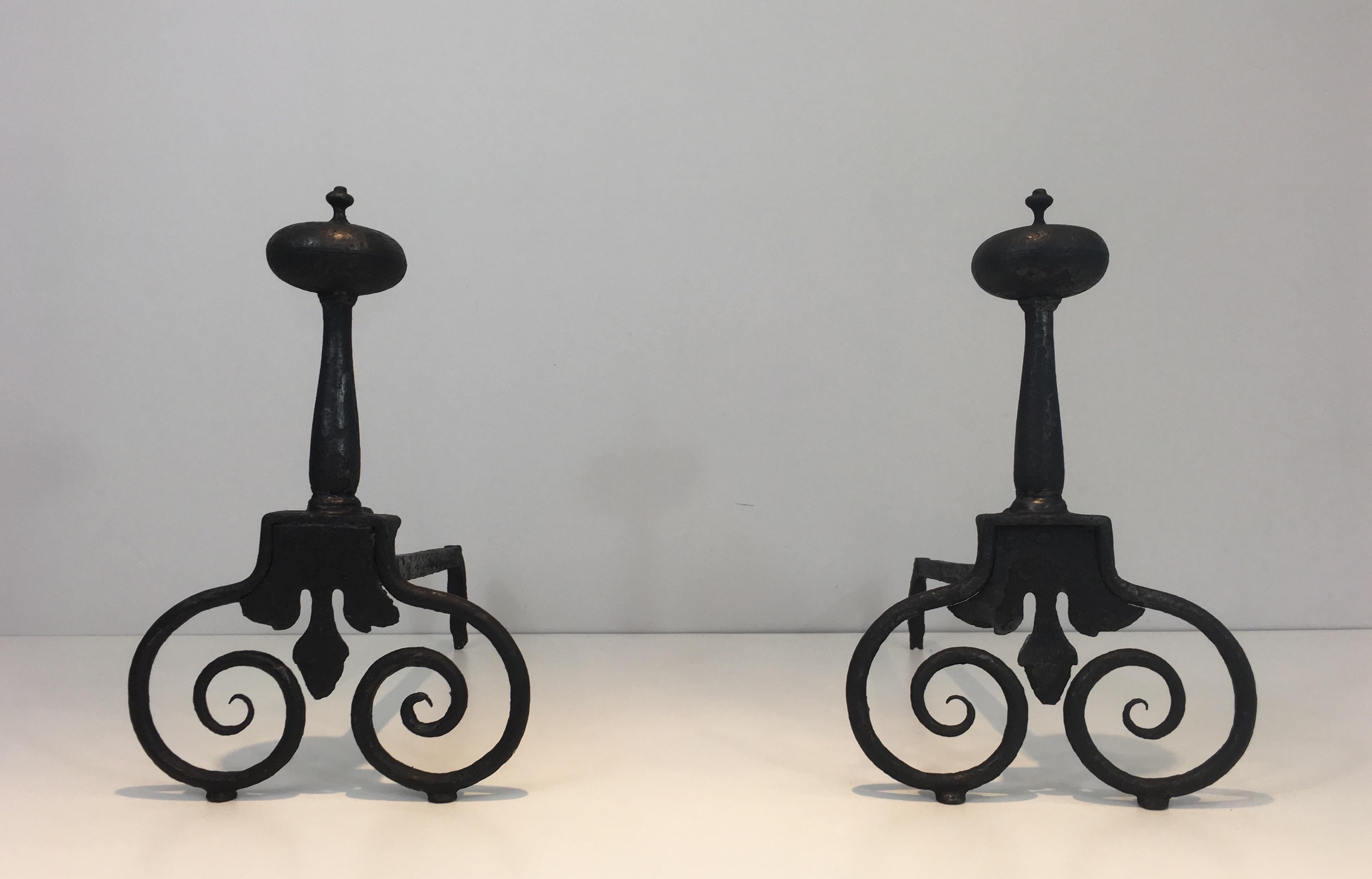 Gothic Pair of Wrought Iron Andirons, French, 18th Century  For Sale