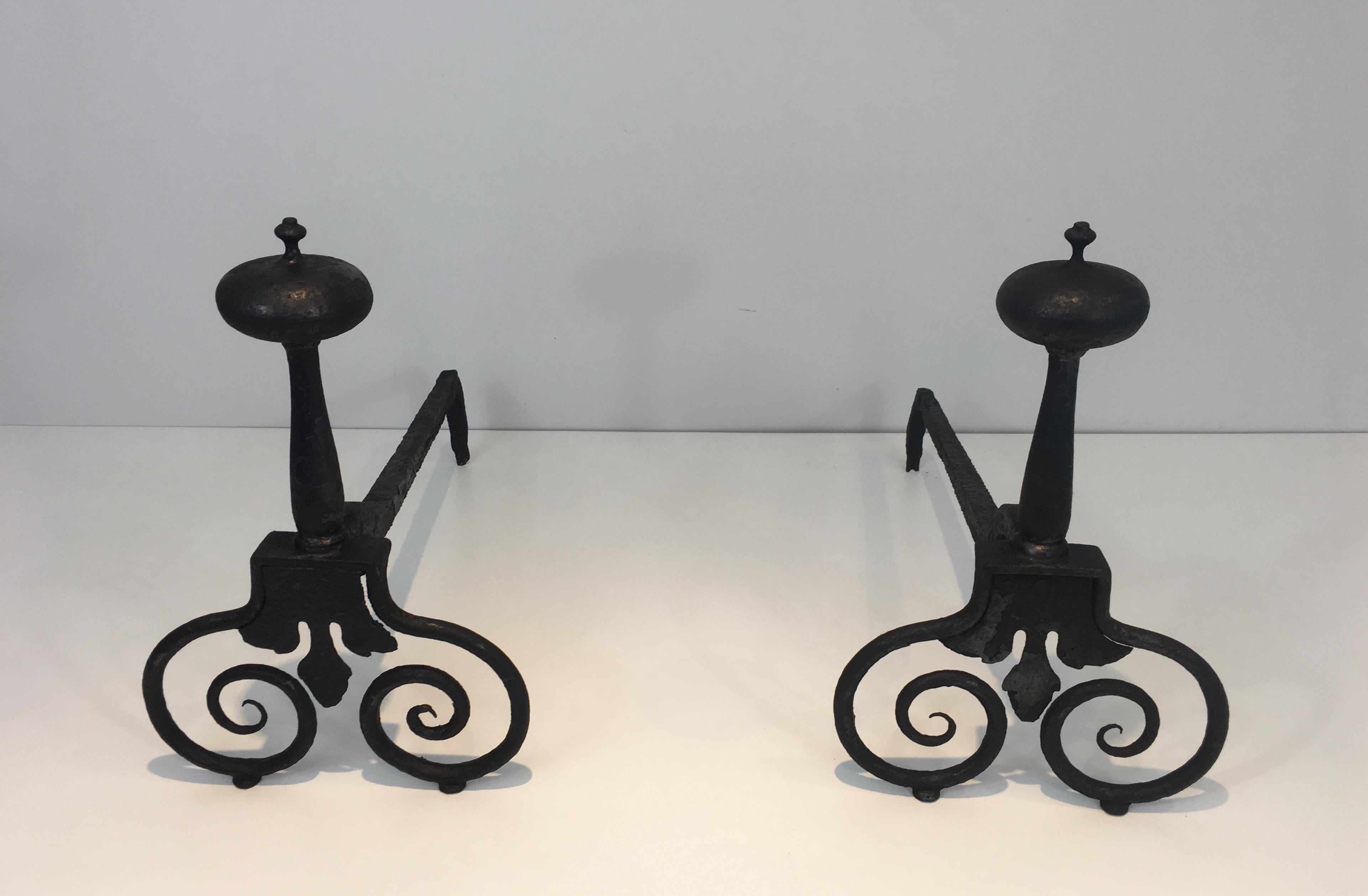 Forged Pair of Wrought Iron Andirons, French, 18th Century  For Sale
