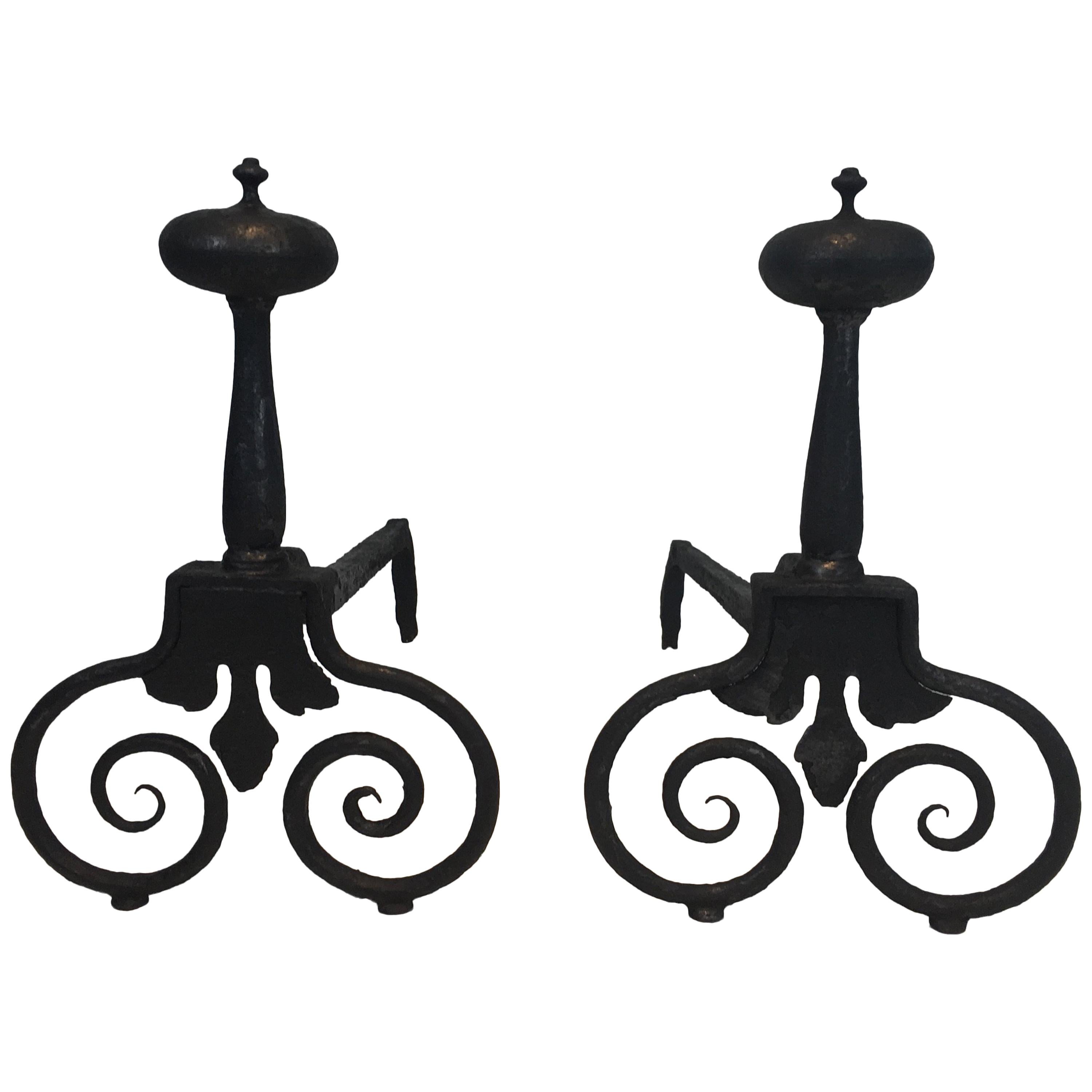 Pair of Wrought Iron Andirons, French, 18th Century For Sale