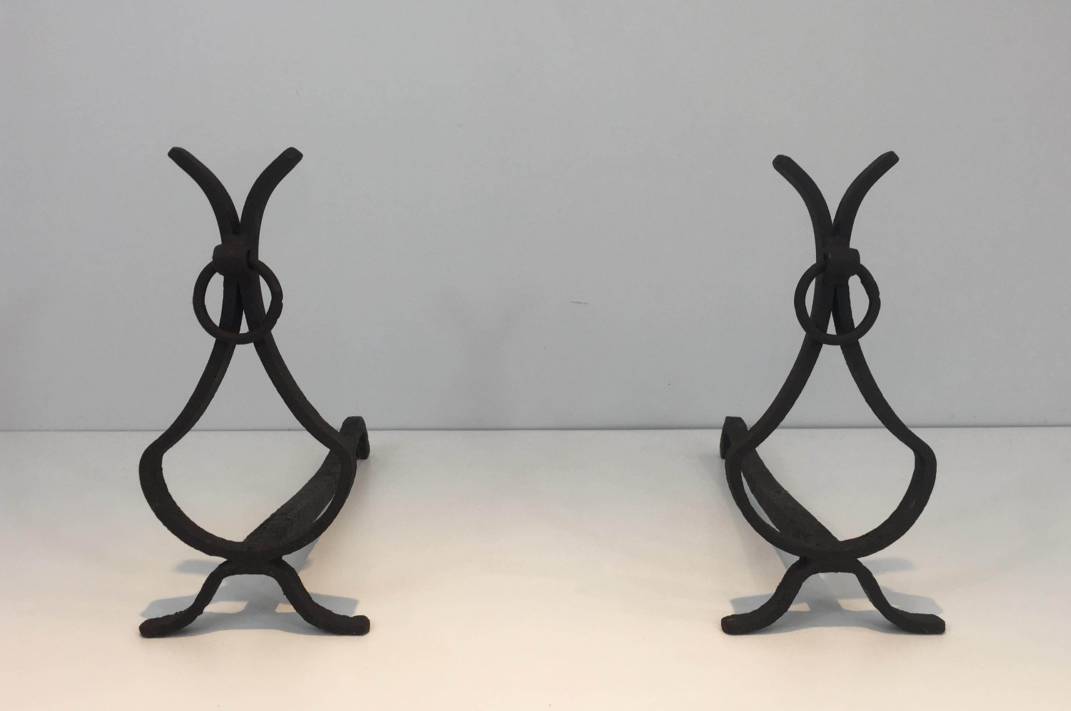 Pair of Wrought Iron Andirons, French, circa 1940 7