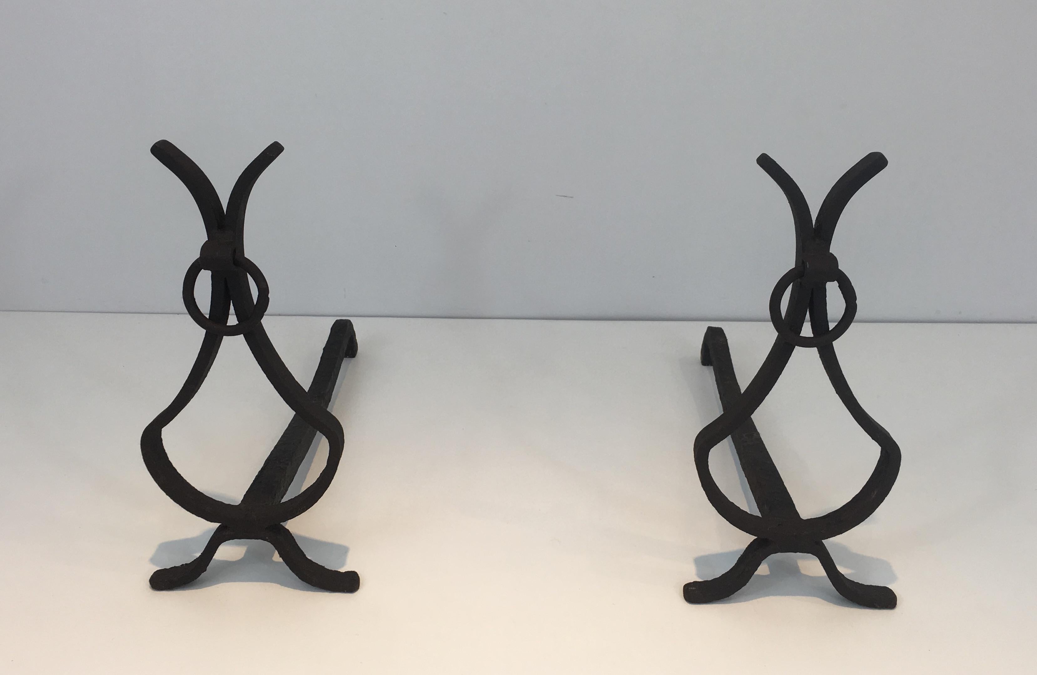 Pair of Wrought Iron Andirons, French, circa 1940 10