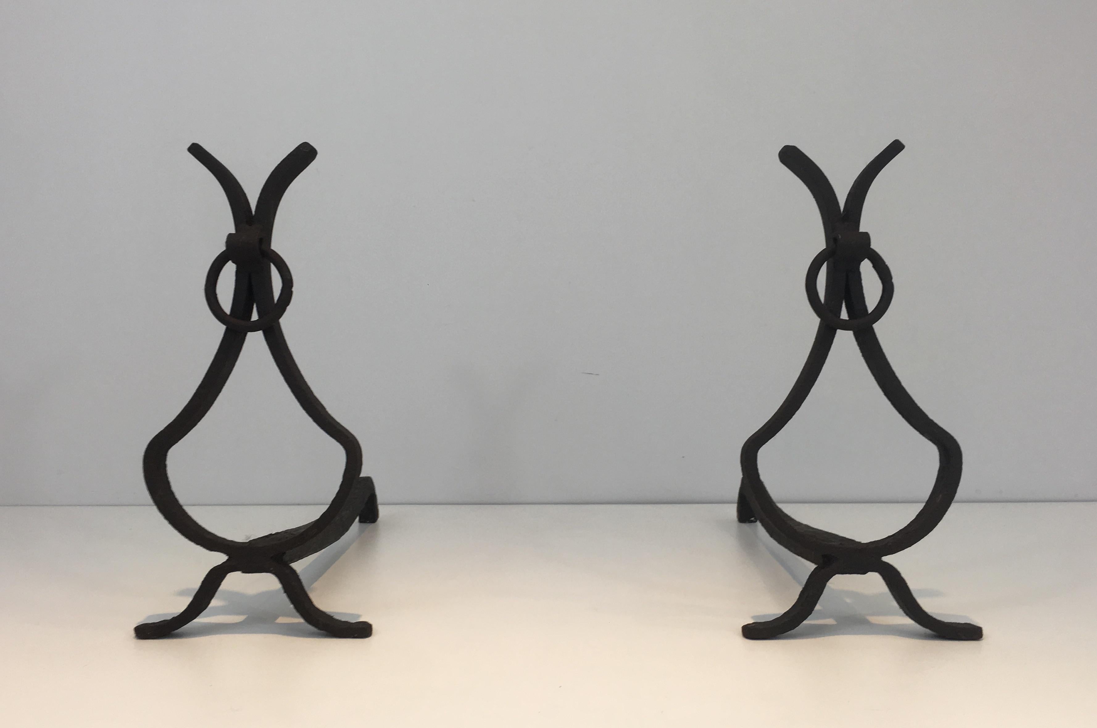 Mid-Century Modern Pair of Wrought Iron Andirons, French, circa 1940