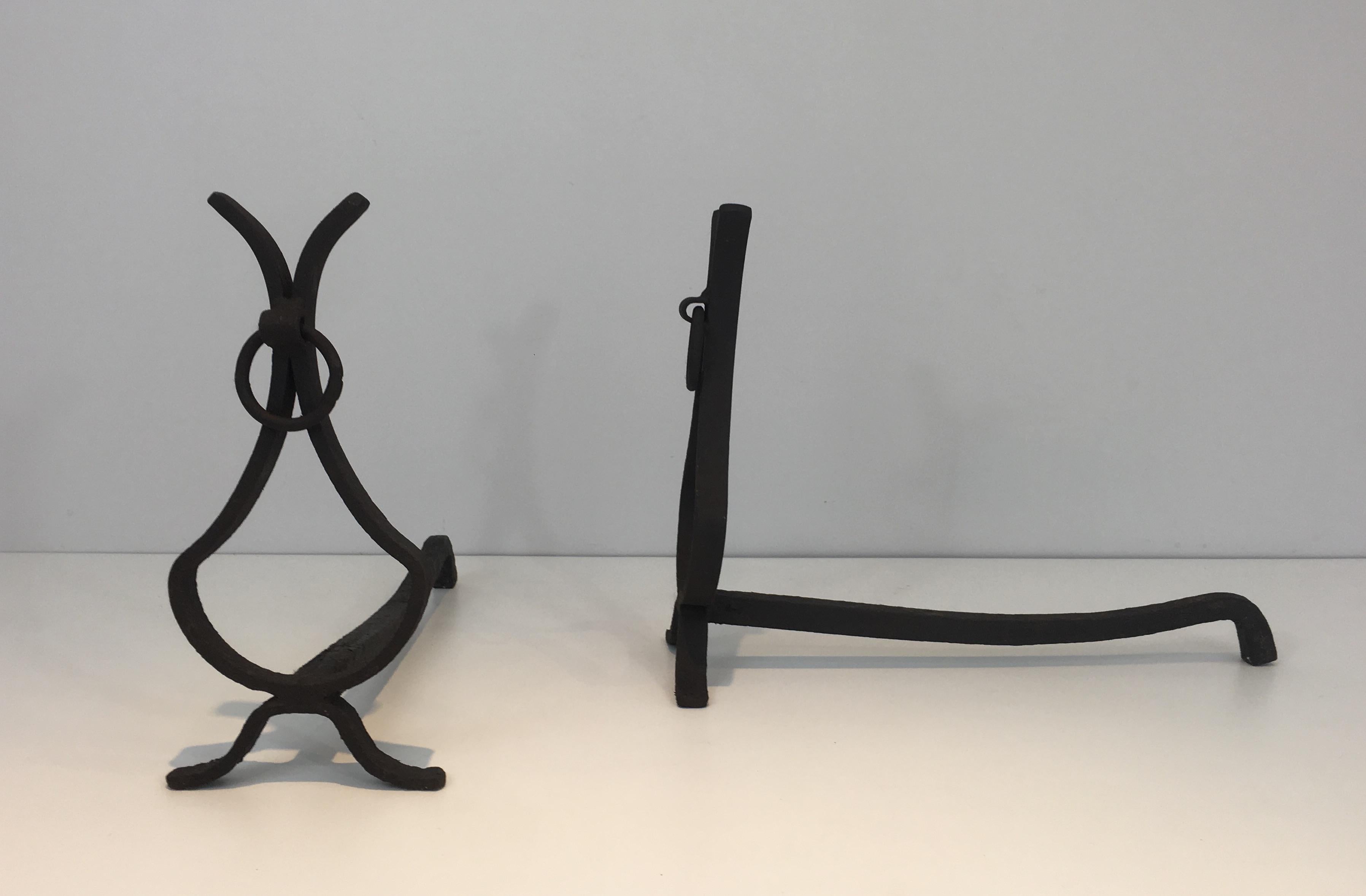 Pair of Wrought Iron Andirons, French, circa 1940 In Fair Condition In Marcq-en-Barœul, Hauts-de-France