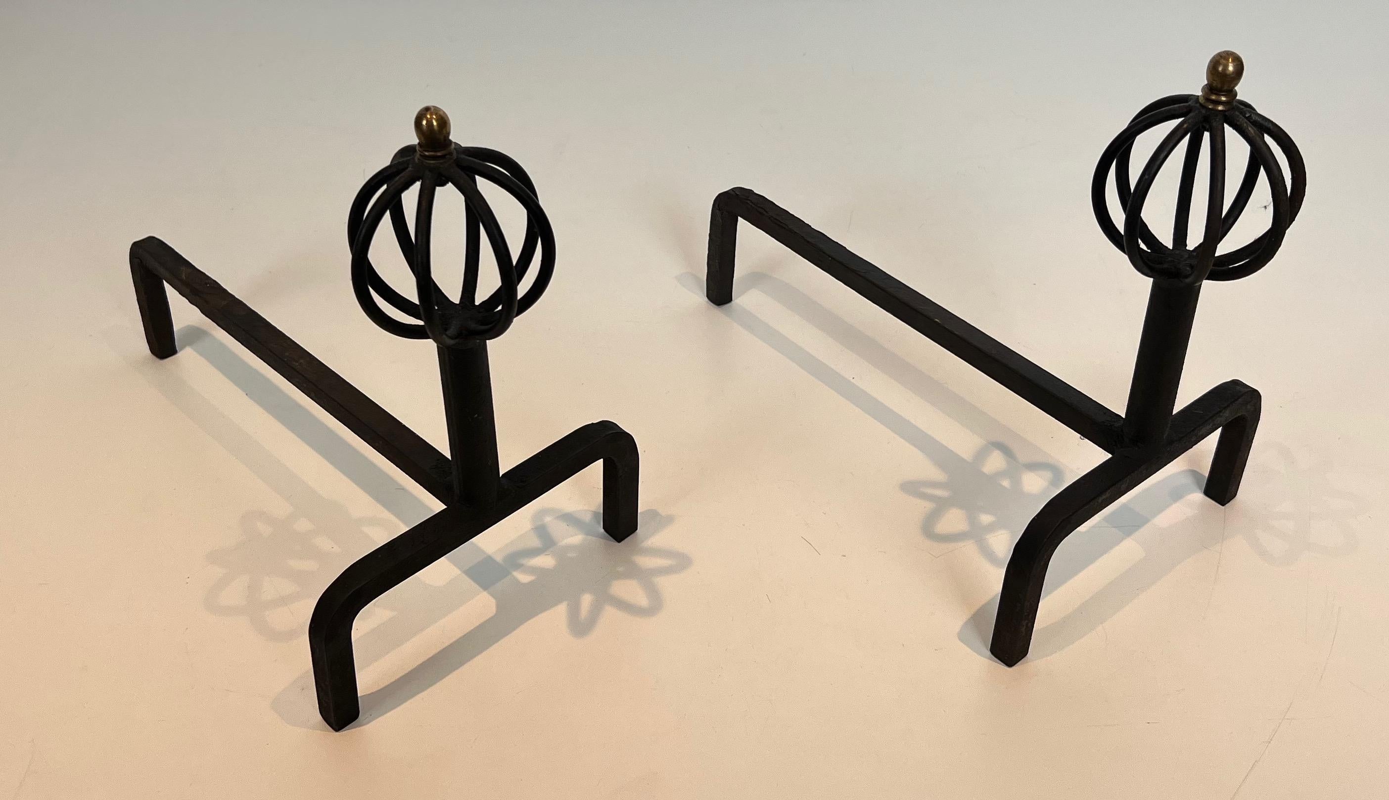 Pair of wrought iron andirons. French work. Circa 1950 In Good Condition For Sale In Marcq-en-Barœul, Hauts-de-France