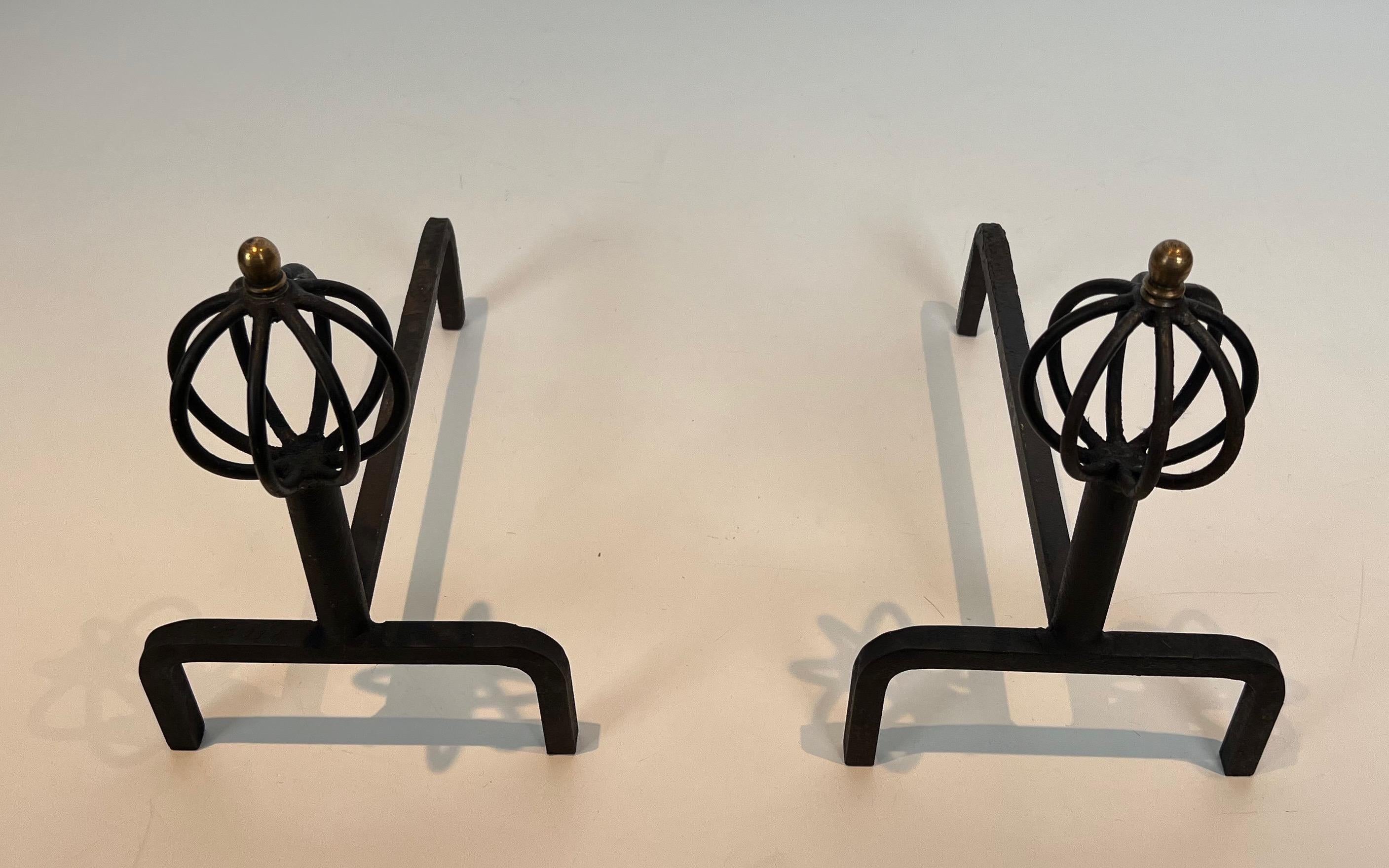 Mid-20th Century Pair of wrought iron andirons. French work. Circa 1950 For Sale