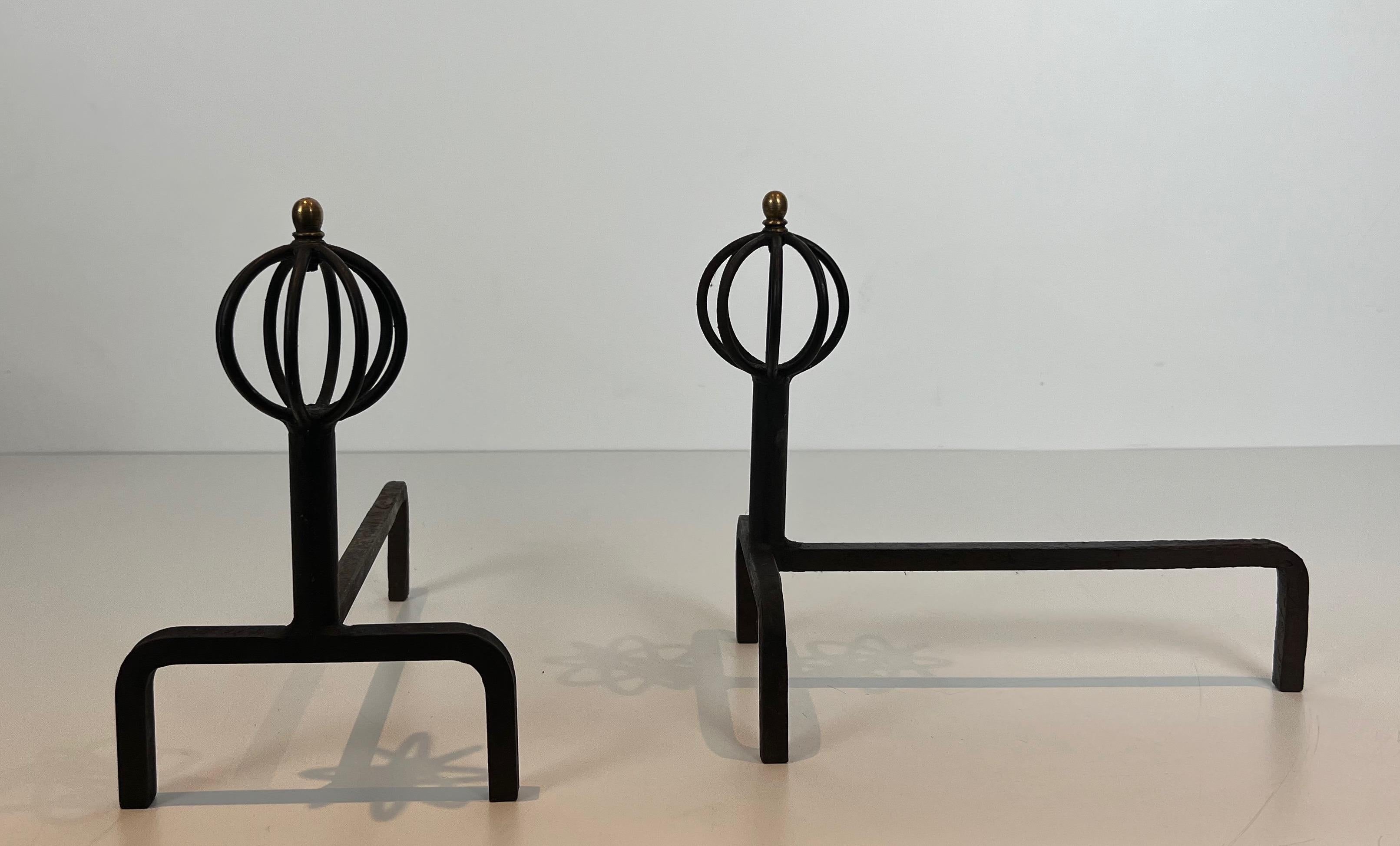 Brass Pair of wrought iron andirons. French work. Circa 1950 For Sale
