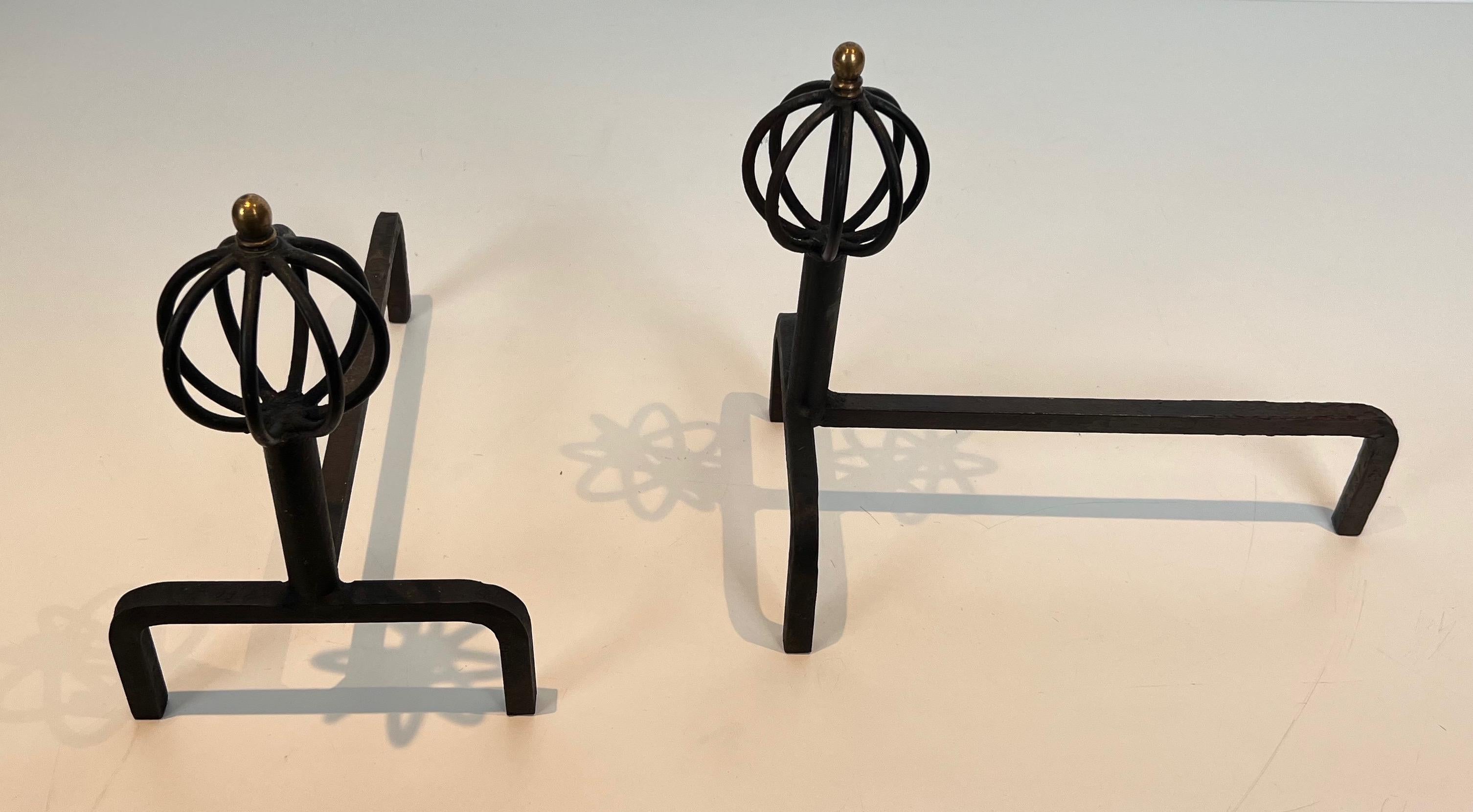 Pair of wrought iron andirons. French work. Circa 1950 For Sale 1