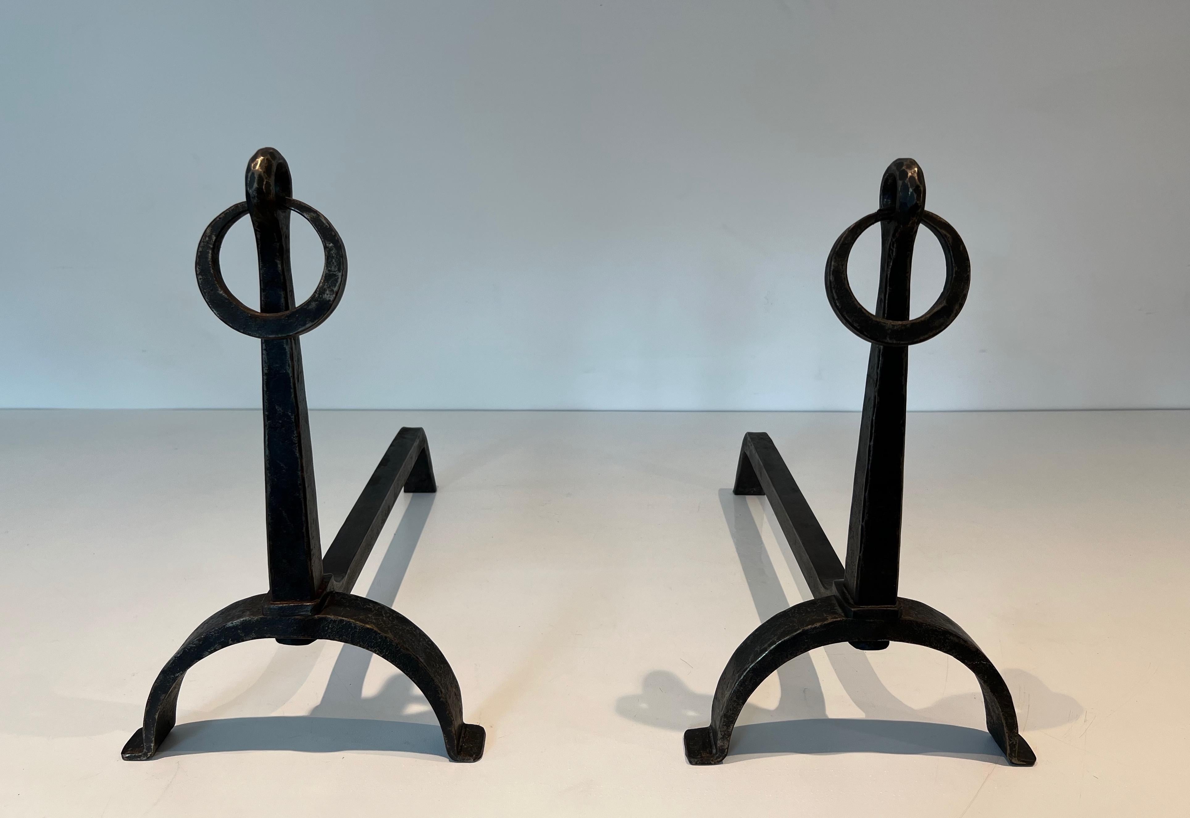 Pair of Wrought Iron Andirons in the style of Jacques Adnet For Sale 5