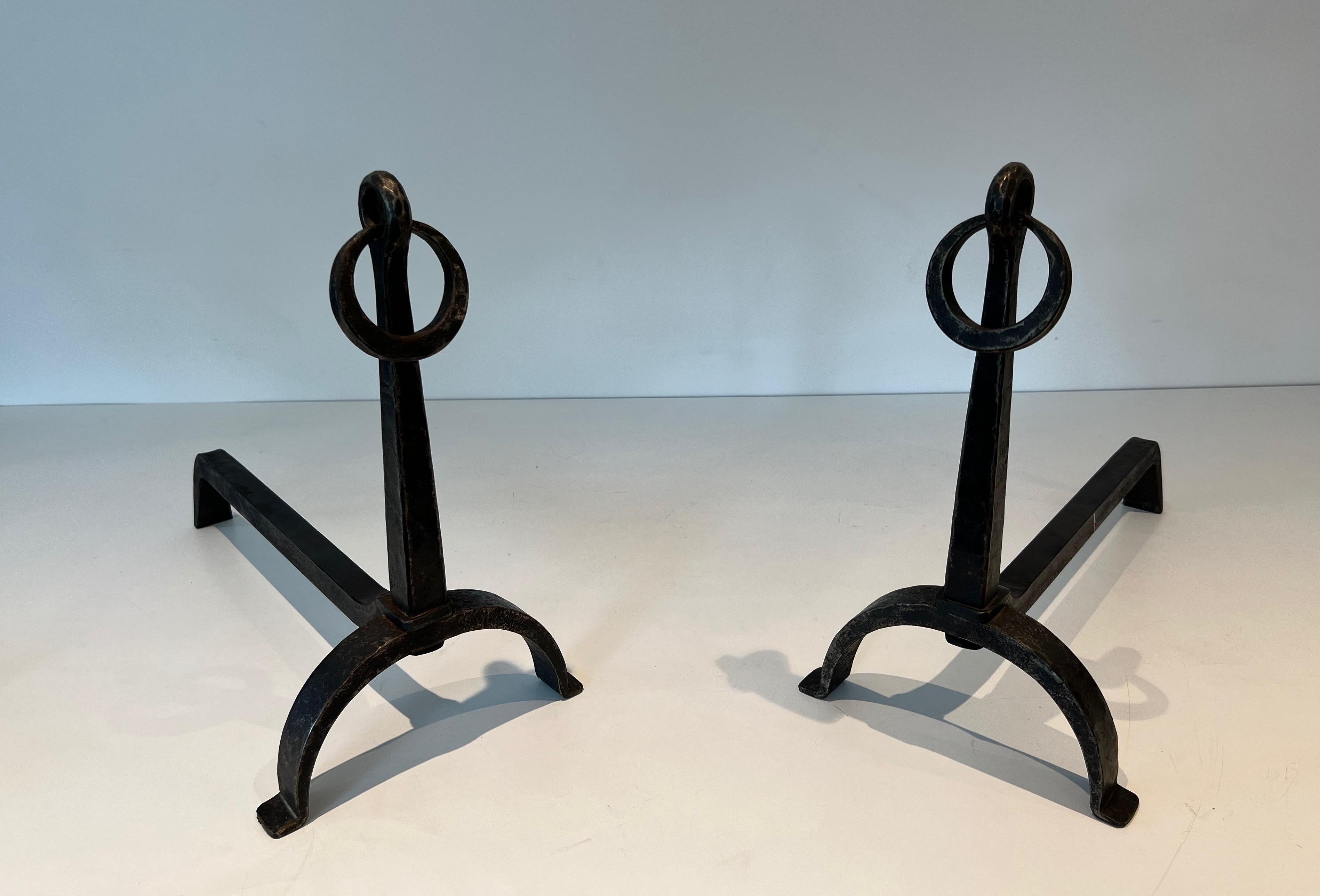 Pair of Wrought Iron Andirons in the style of Jacques Adnet For Sale 6