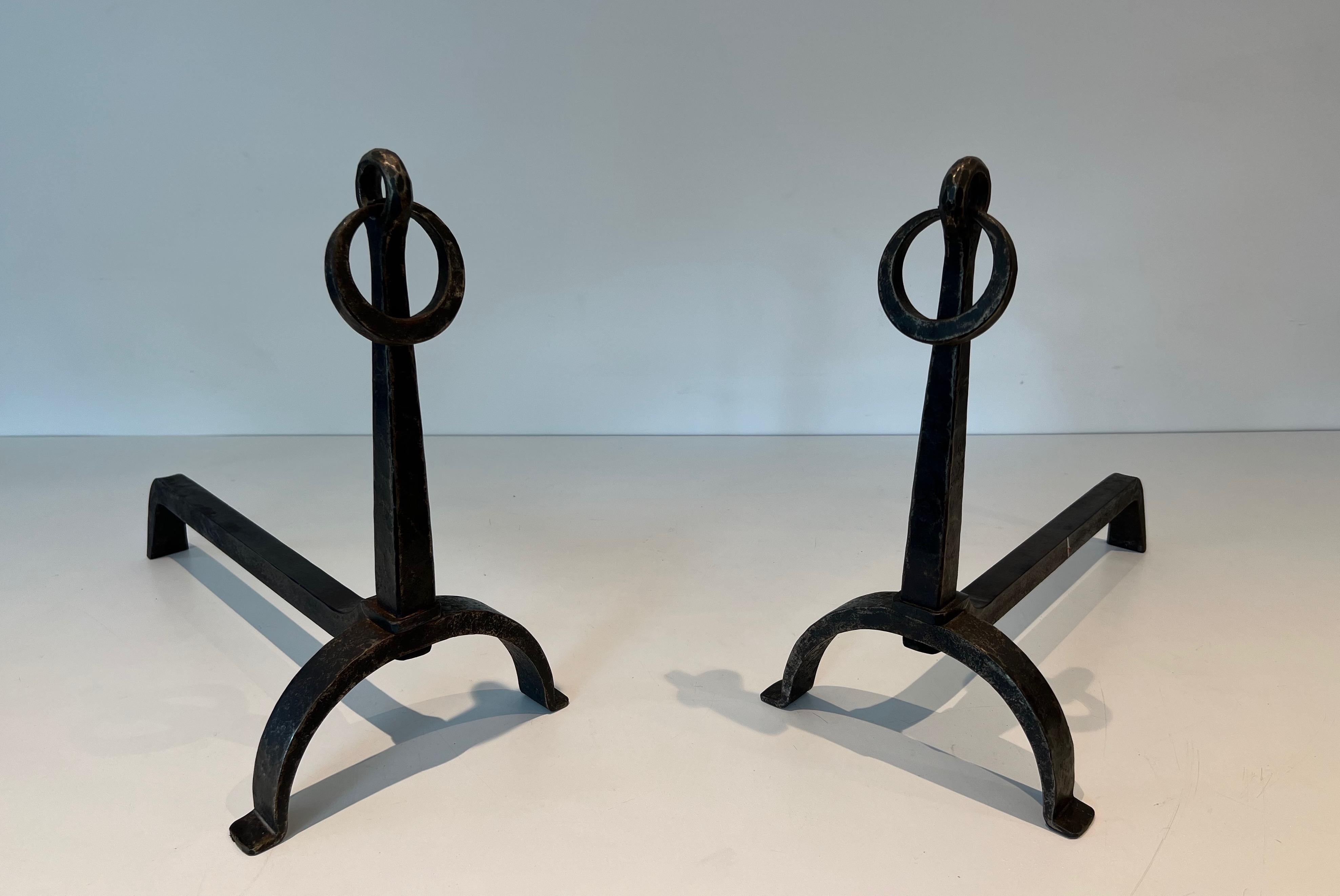 Mid-Century Modern Pair of Wrought Iron Andirons in the style of Jacques Adnet For Sale