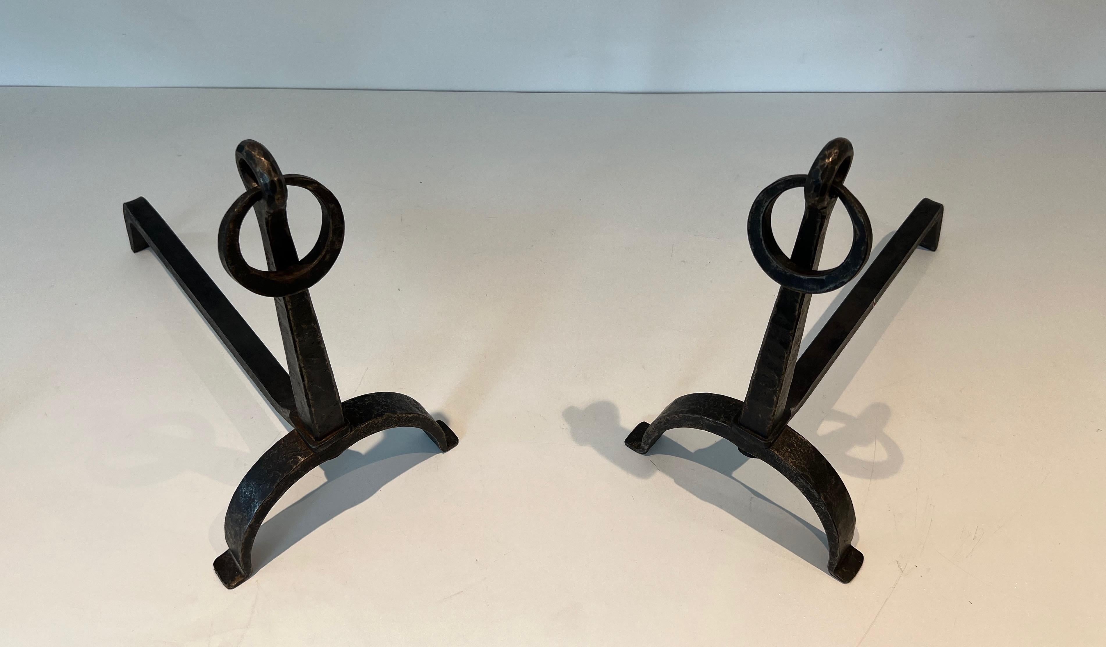 French Pair of Wrought Iron Andirons in the style of Jacques Adnet For Sale