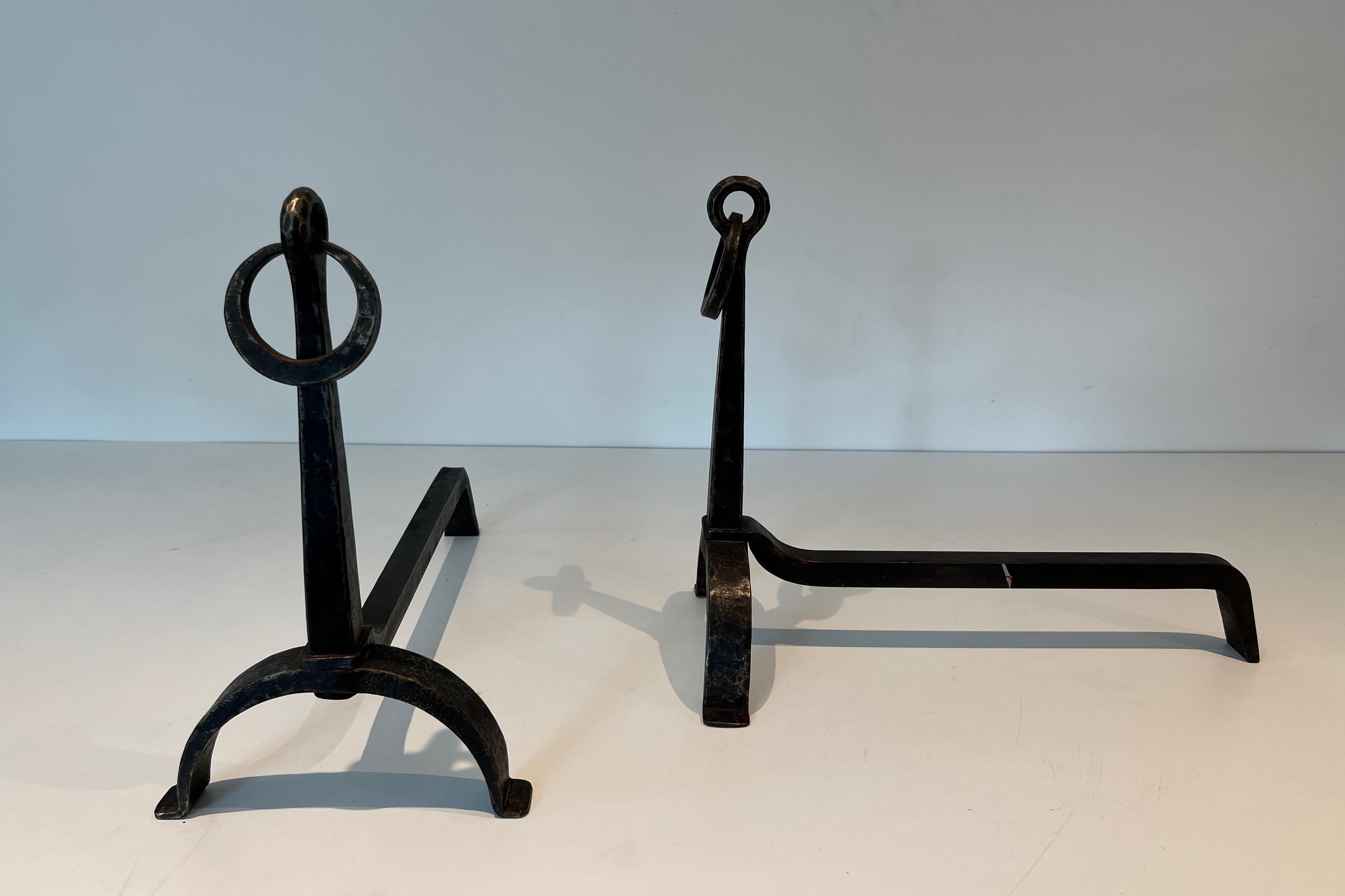 Pair of Wrought Iron Andirons in the style of Jacques Adnet In Good Condition For Sale In Marcq-en-Barœul, Hauts-de-France