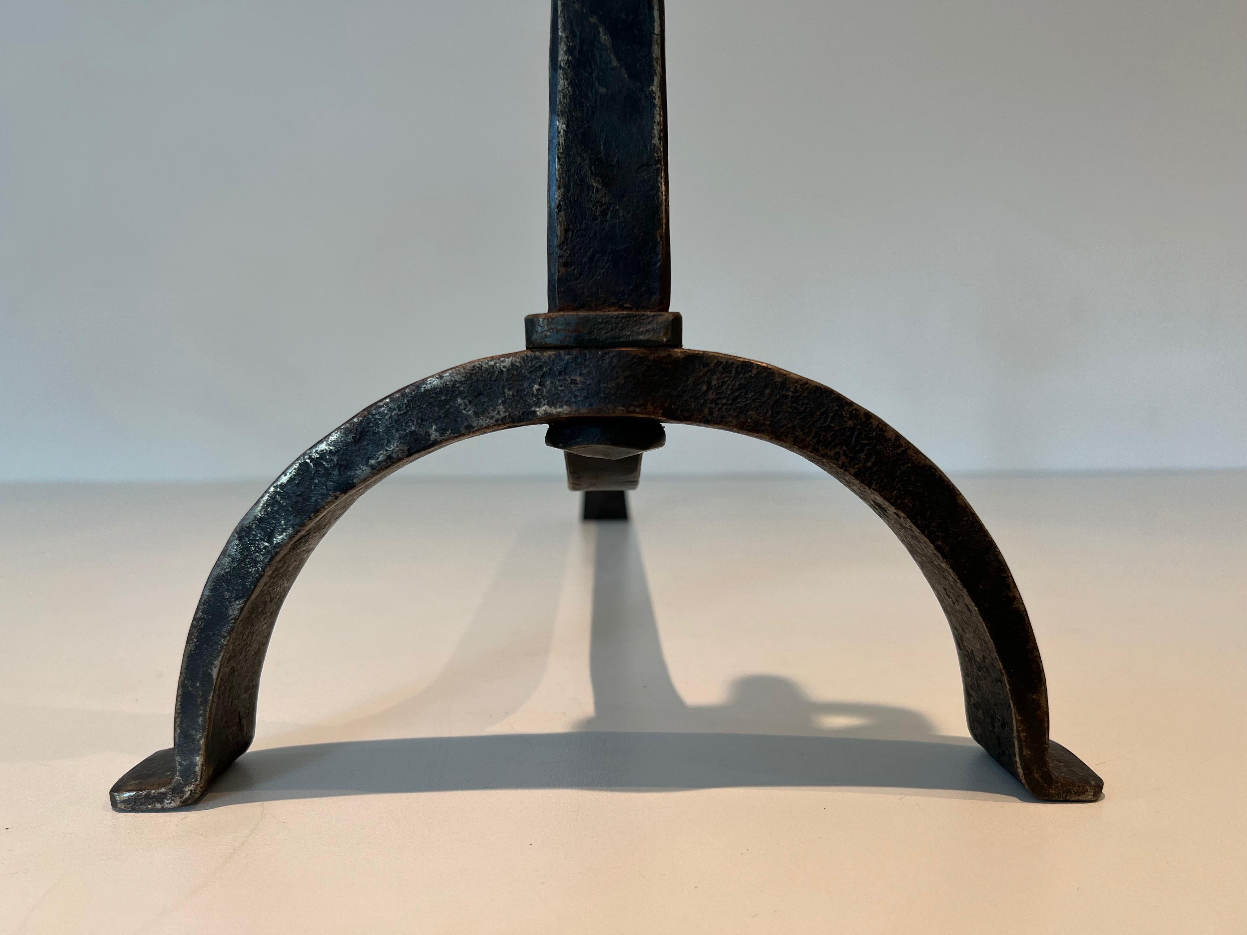 Pair of Wrought Iron Andirons in the style of Jacques Adnet For Sale 2