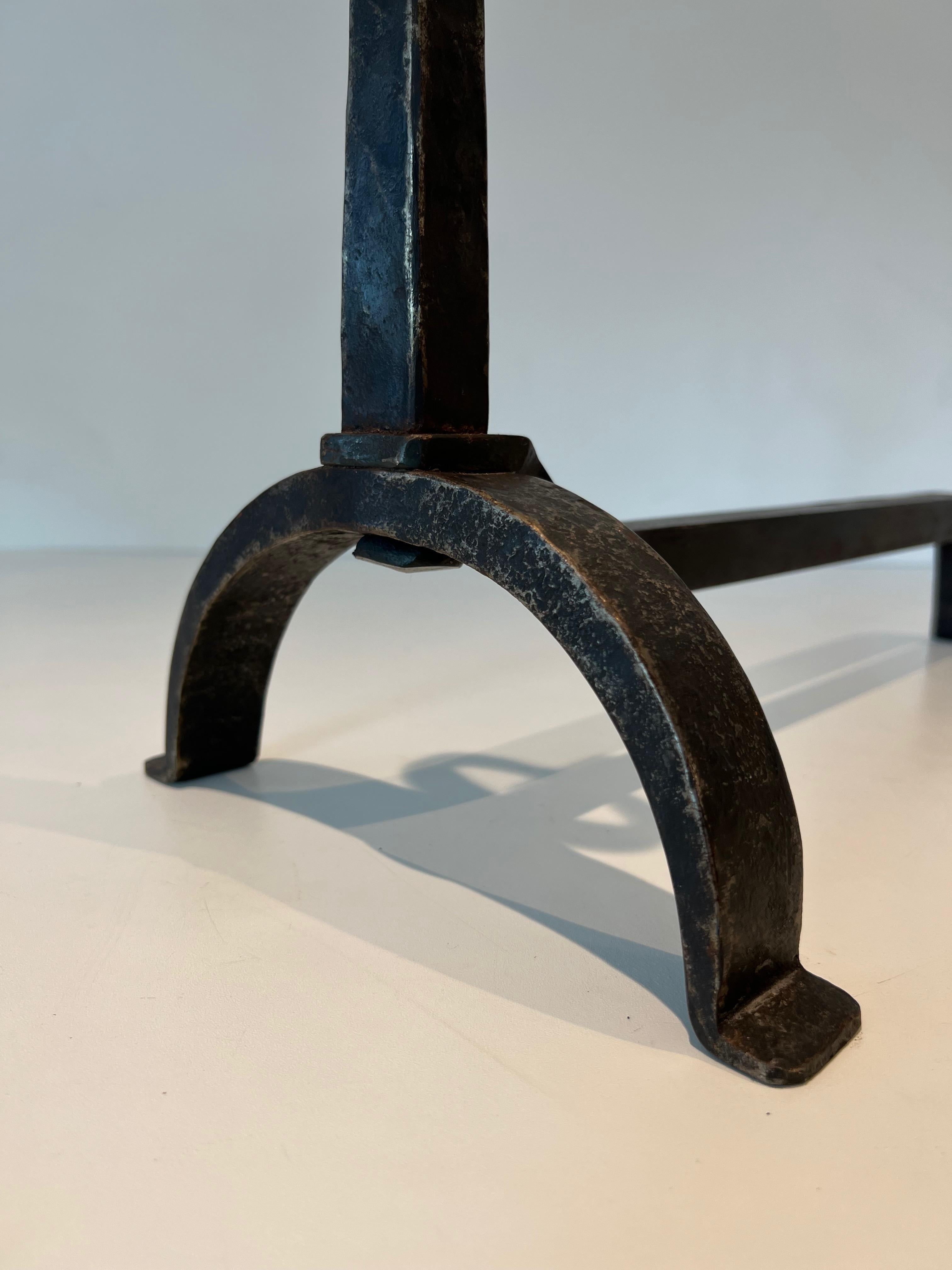 Pair of Wrought Iron Andirons in the style of Jacques Adnet For Sale 3
