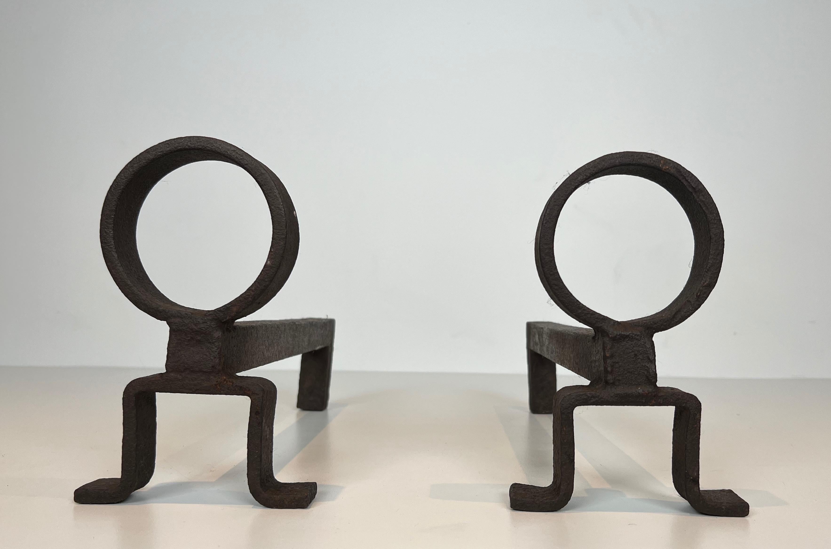 Mid-Century Modern Pair of Wrought Iron Andirons in the Style of Jacques Adnet