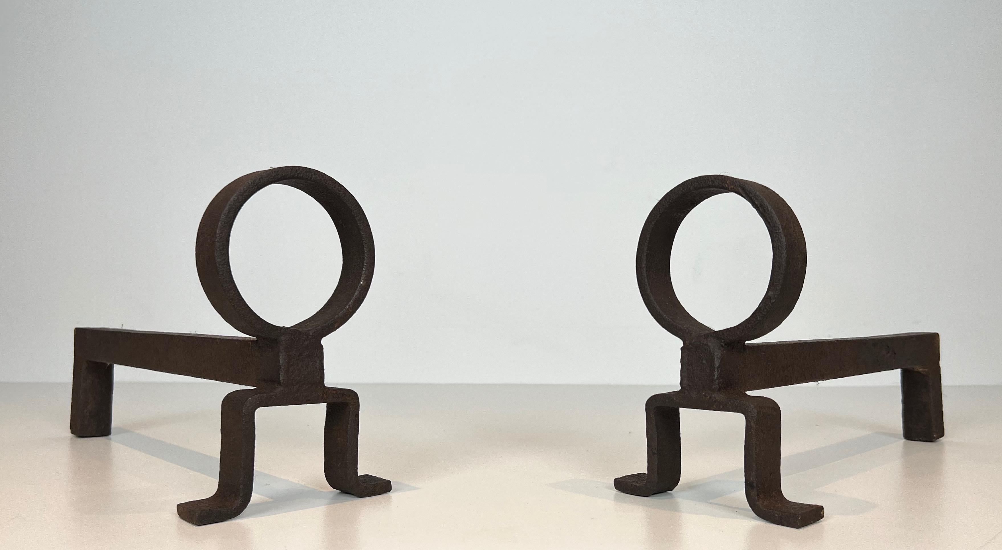 French Pair of Wrought Iron Andirons in the Style of Jacques Adnet