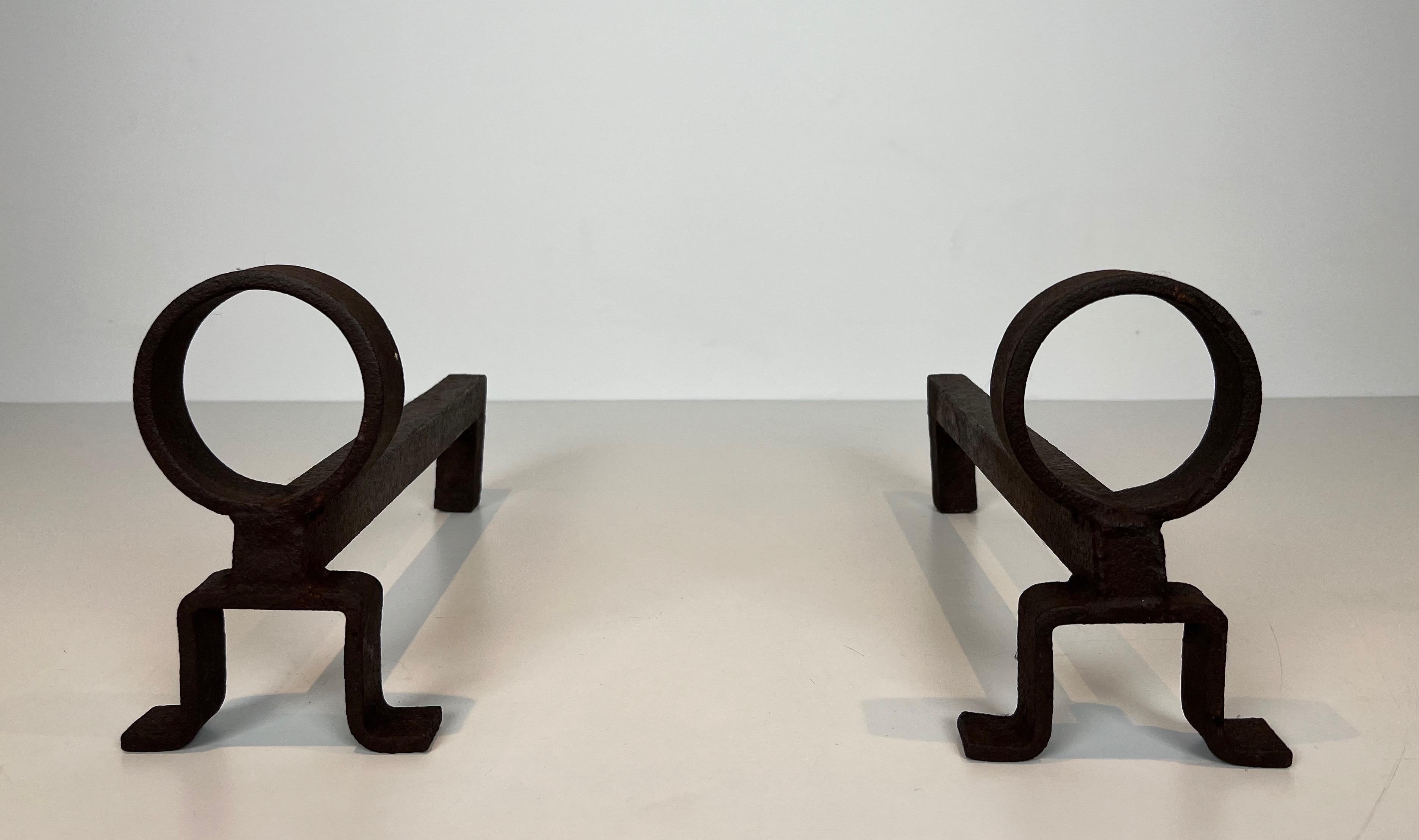 Pair of Wrought Iron Andirons in the Style of Jacques Adnet In Good Condition In Marcq-en-Barœul, Hauts-de-France