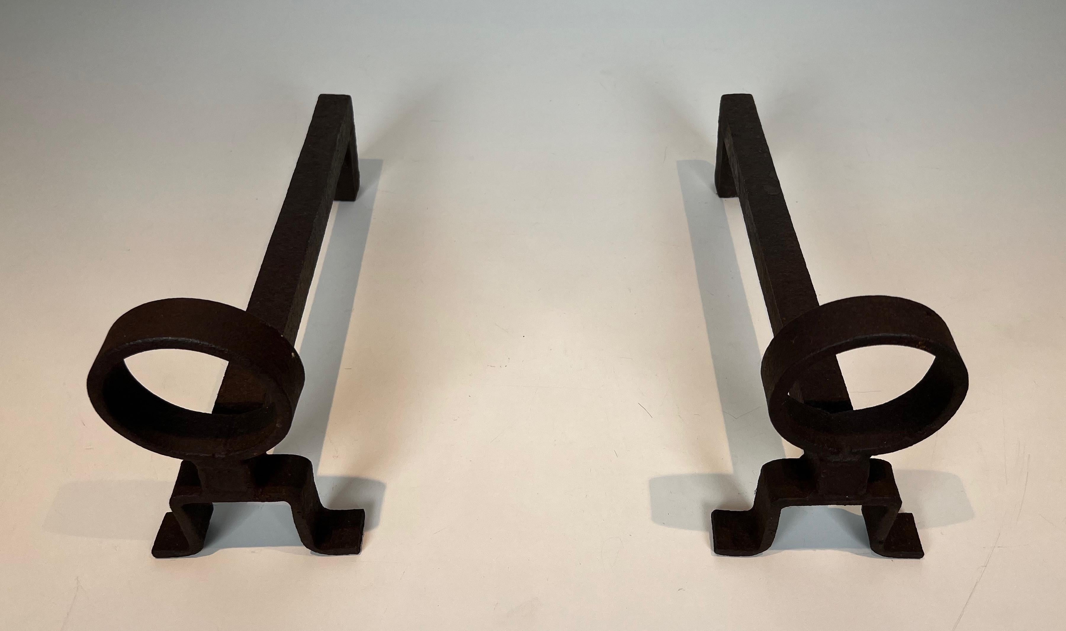 Mid-20th Century Pair of Wrought Iron Andirons in the Style of Jacques Adnet