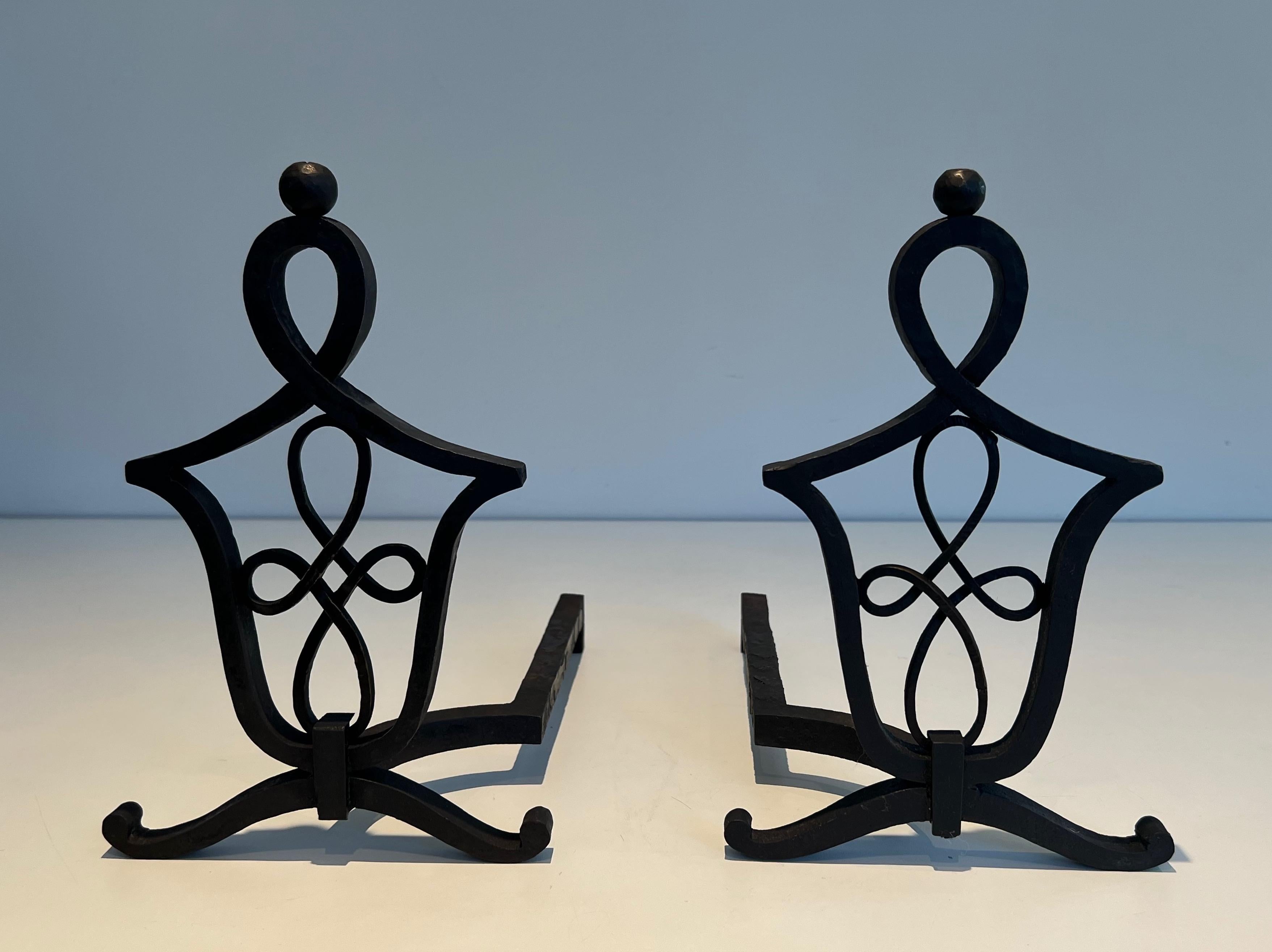 Pair of Wrought Iron Andirons in the Style of Raymond Subes For Sale 6