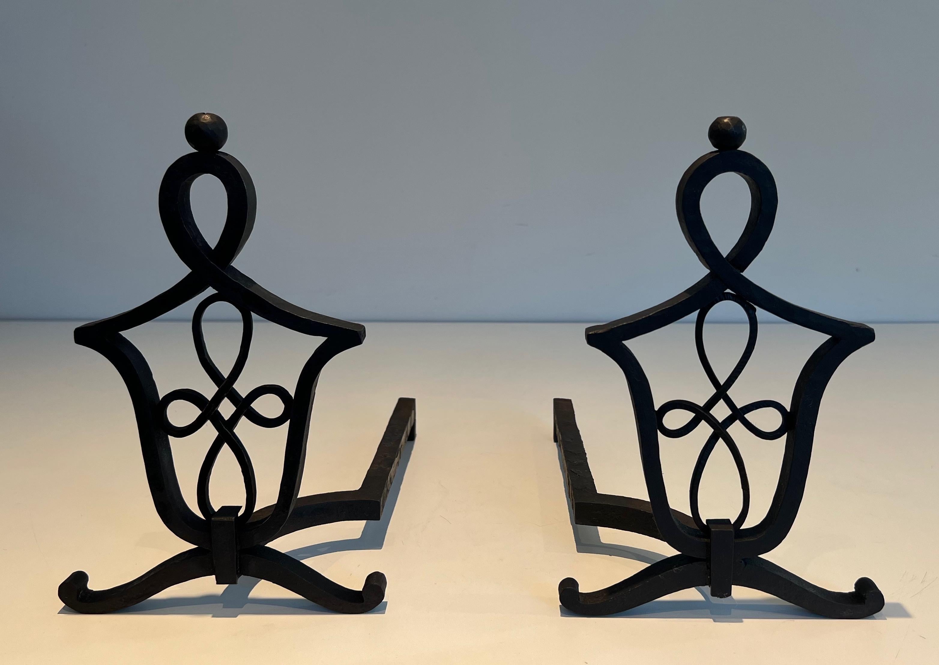 Pair of Wrought Iron Andirons in the Style of Raymond Subes For Sale 7