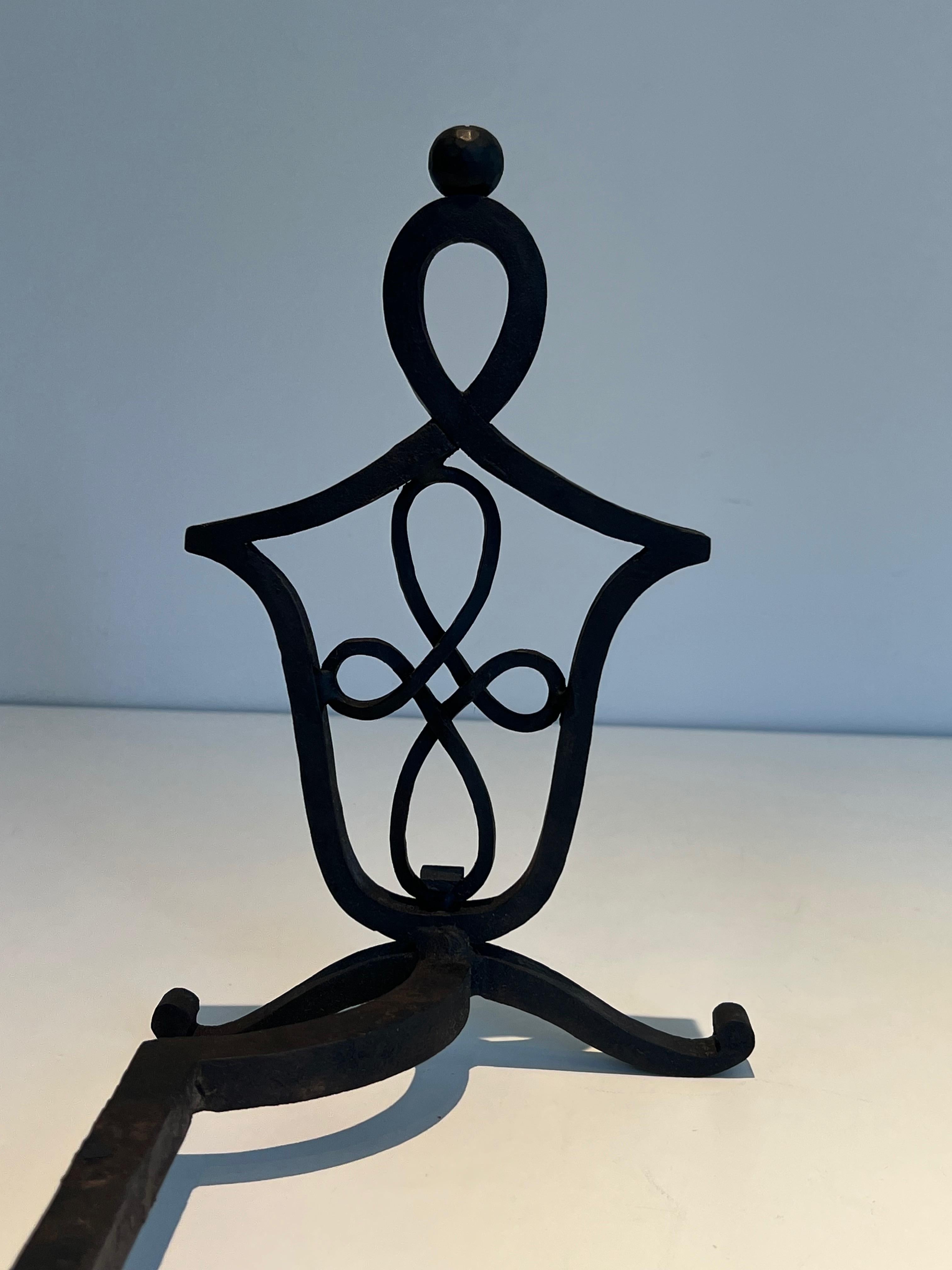 Pair of Wrought Iron Andirons in the Style of Raymond Subes For Sale 1