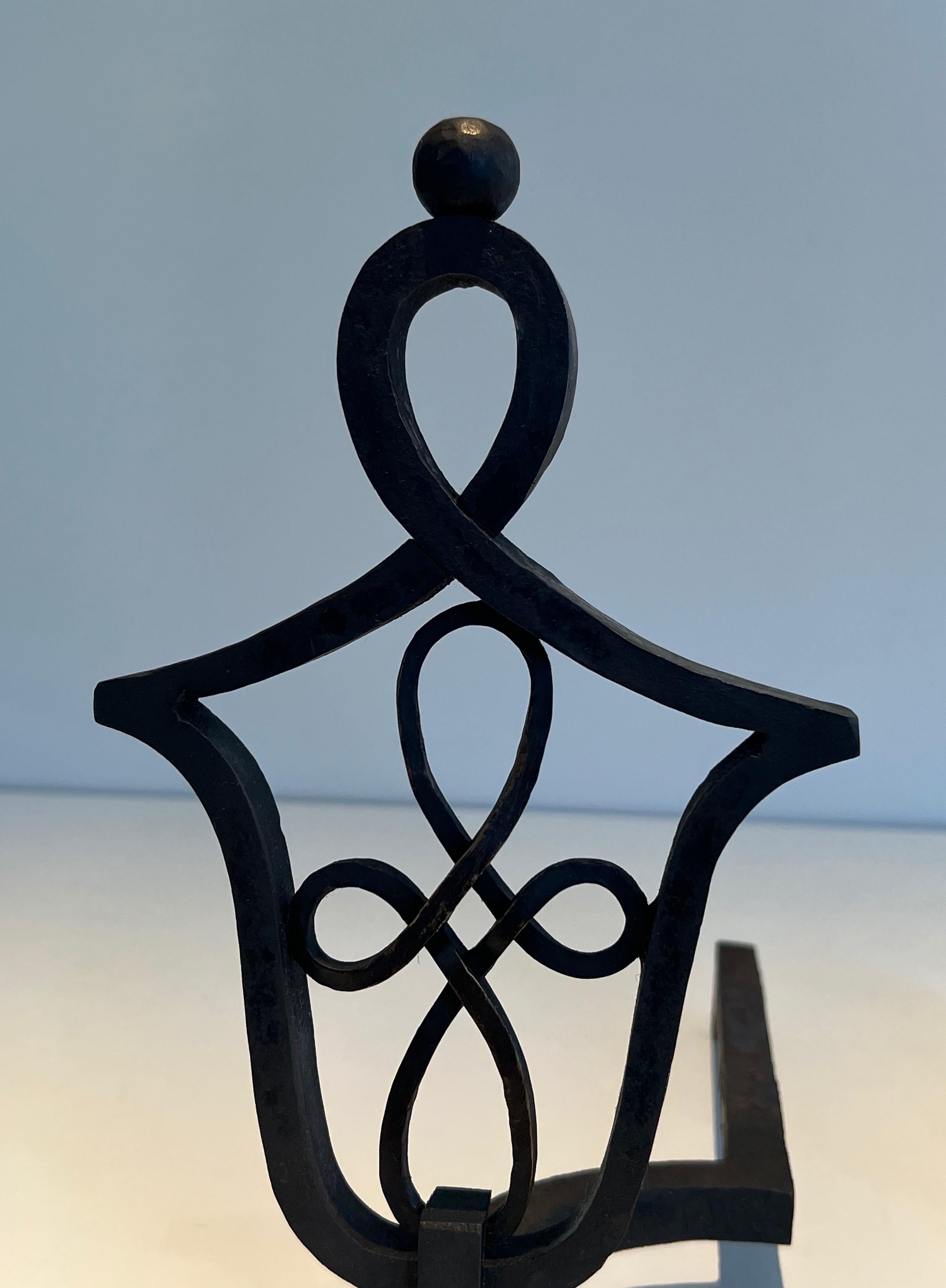 Pair of Wrought Iron Andirons in the Style of Raymond Subes For Sale 3