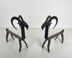 Pair of Wrought Iron Andirons Representing a Goat In Edouard Schenck Style