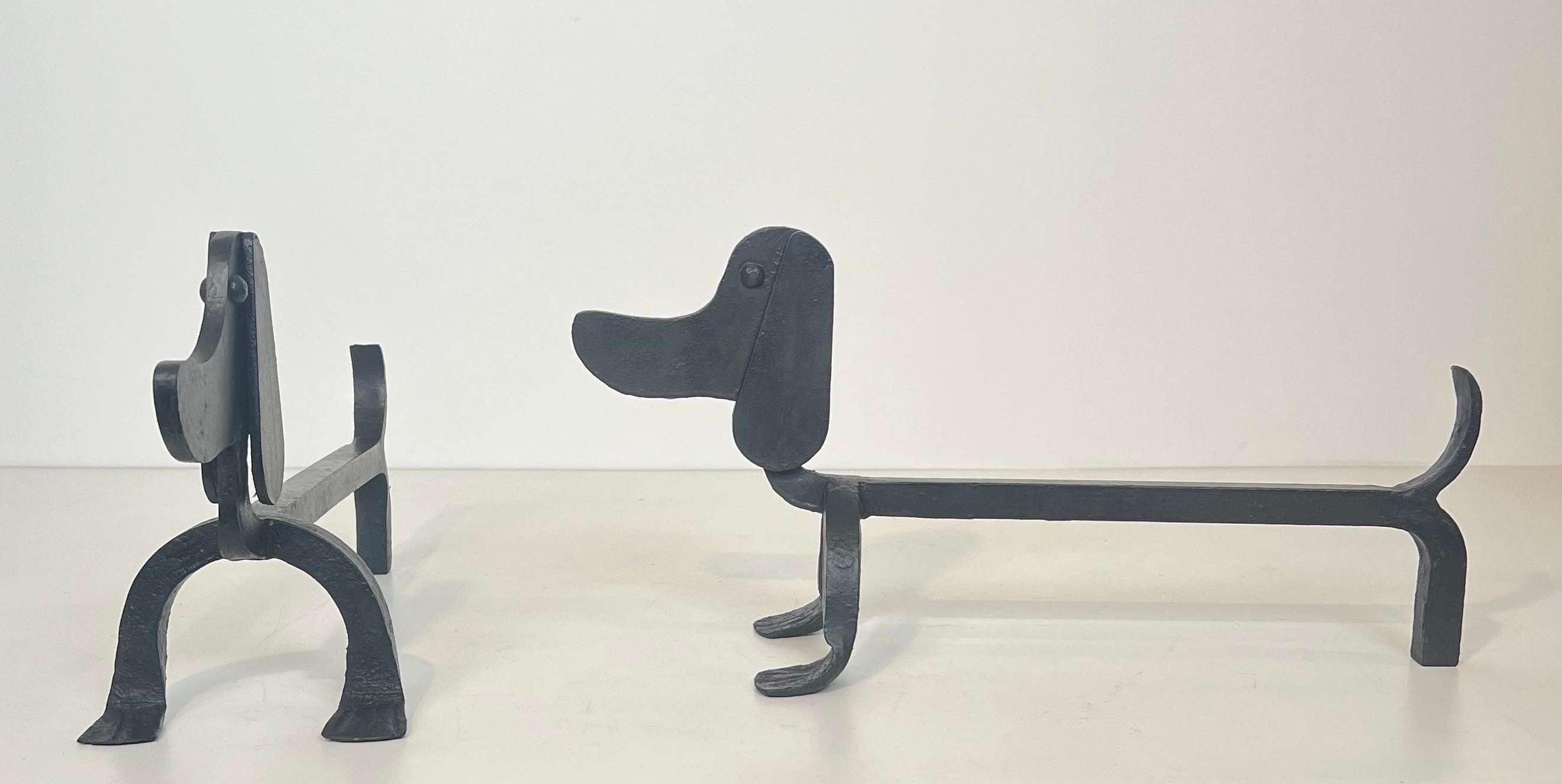 Pair of Wrought Iron Andirons Representing Dachshunds Attrib. to Edouard Schenck For Sale 5