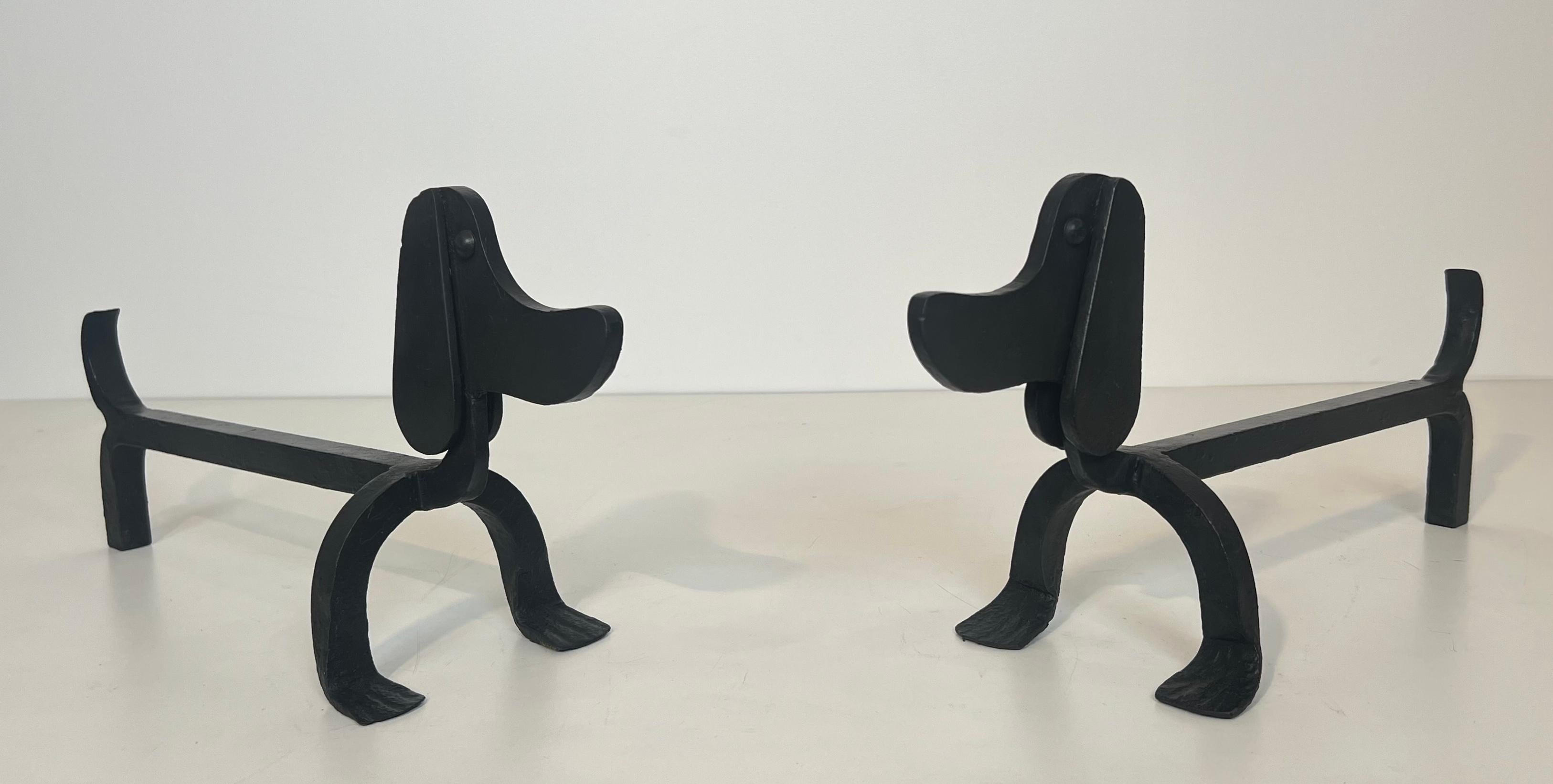 Pair of Wrought Iron Andirons Representing Dachshunds Attrib. to Edouard Schenck For Sale 6