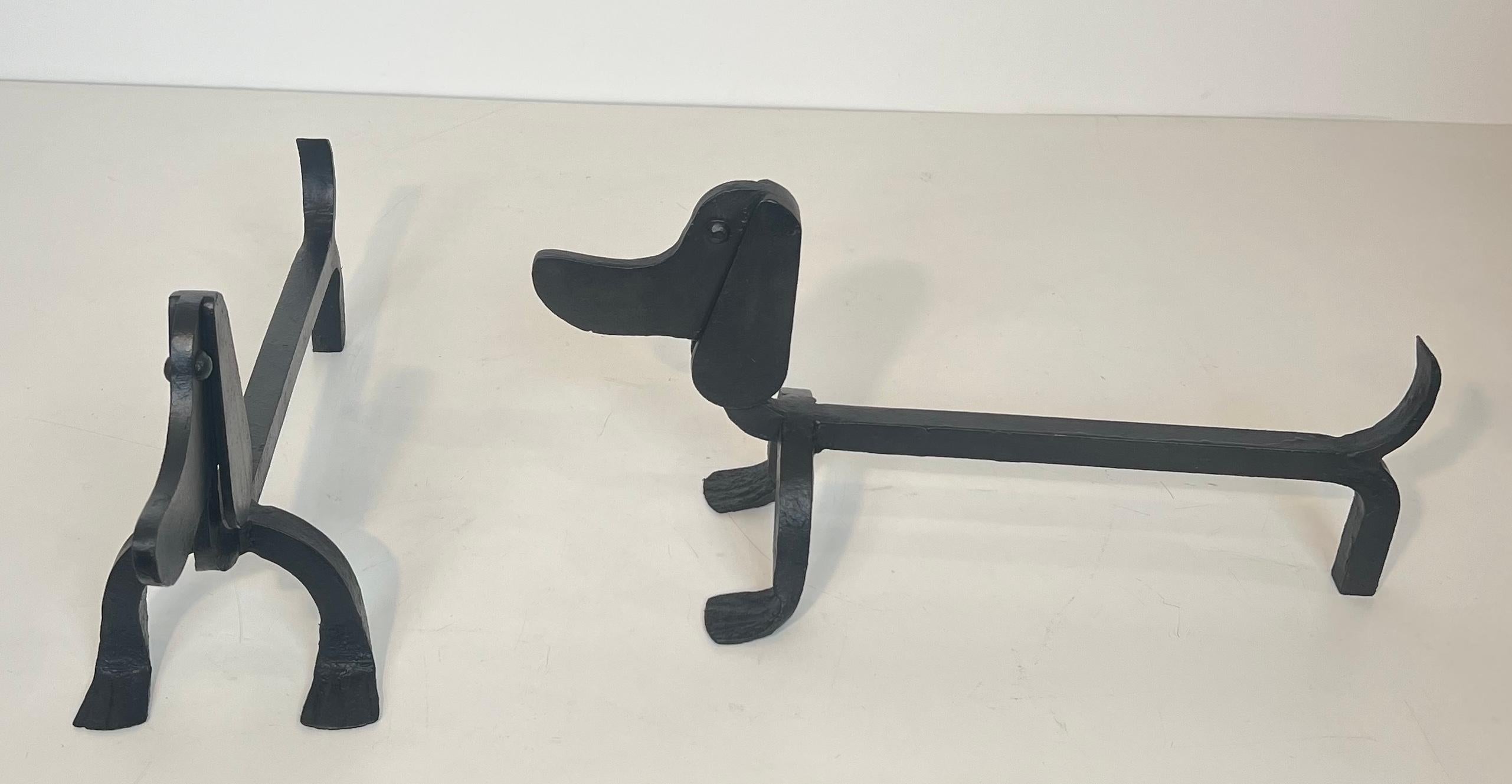 Pair of Wrought Iron Andirons Representing Dachshunds Attrib. to Edouard Schenck For Sale 7