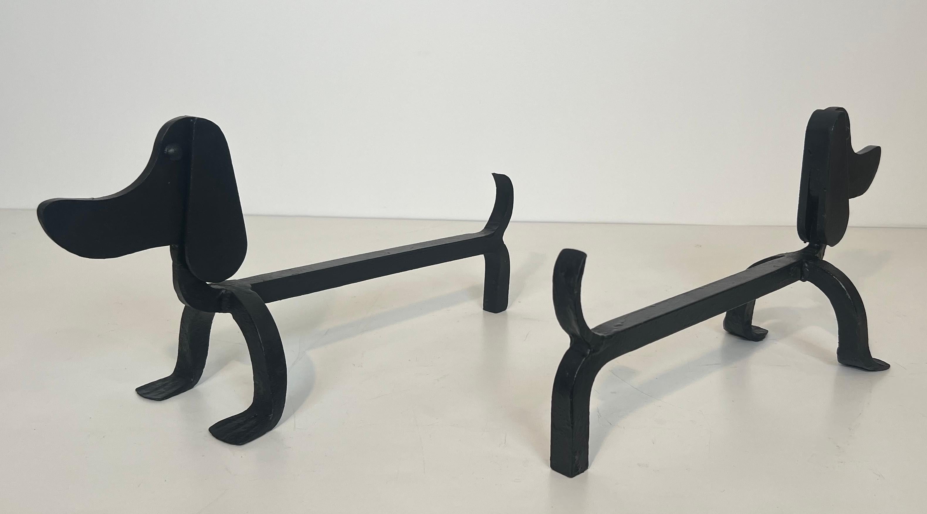 Pair of Wrought Iron Andirons Representing Dachshunds Attrib. to Edouard Schenck For Sale 8