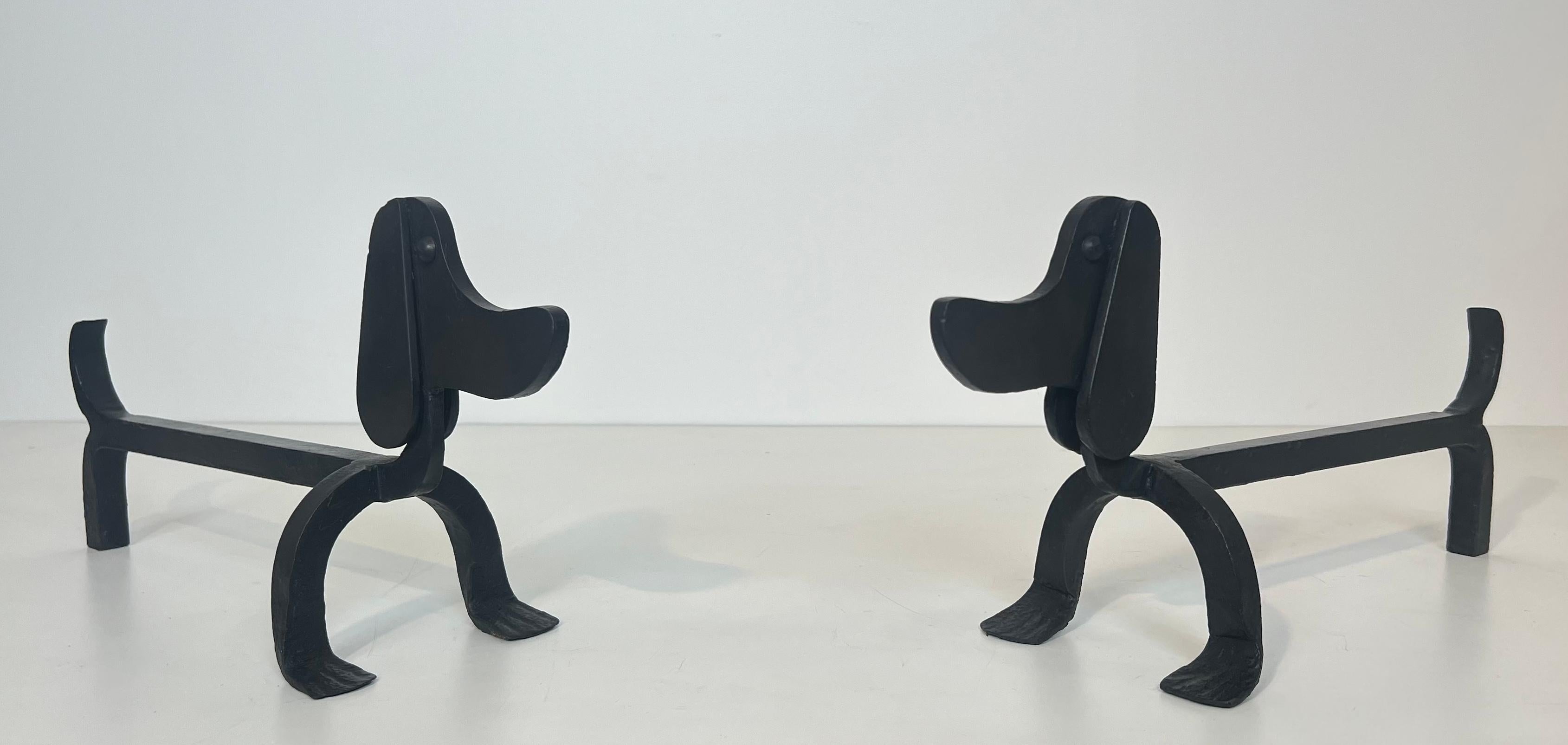 Pair of Wrought Iron Andirons Representing Dachshunds Attrib. to Edouard Schenck For Sale 13