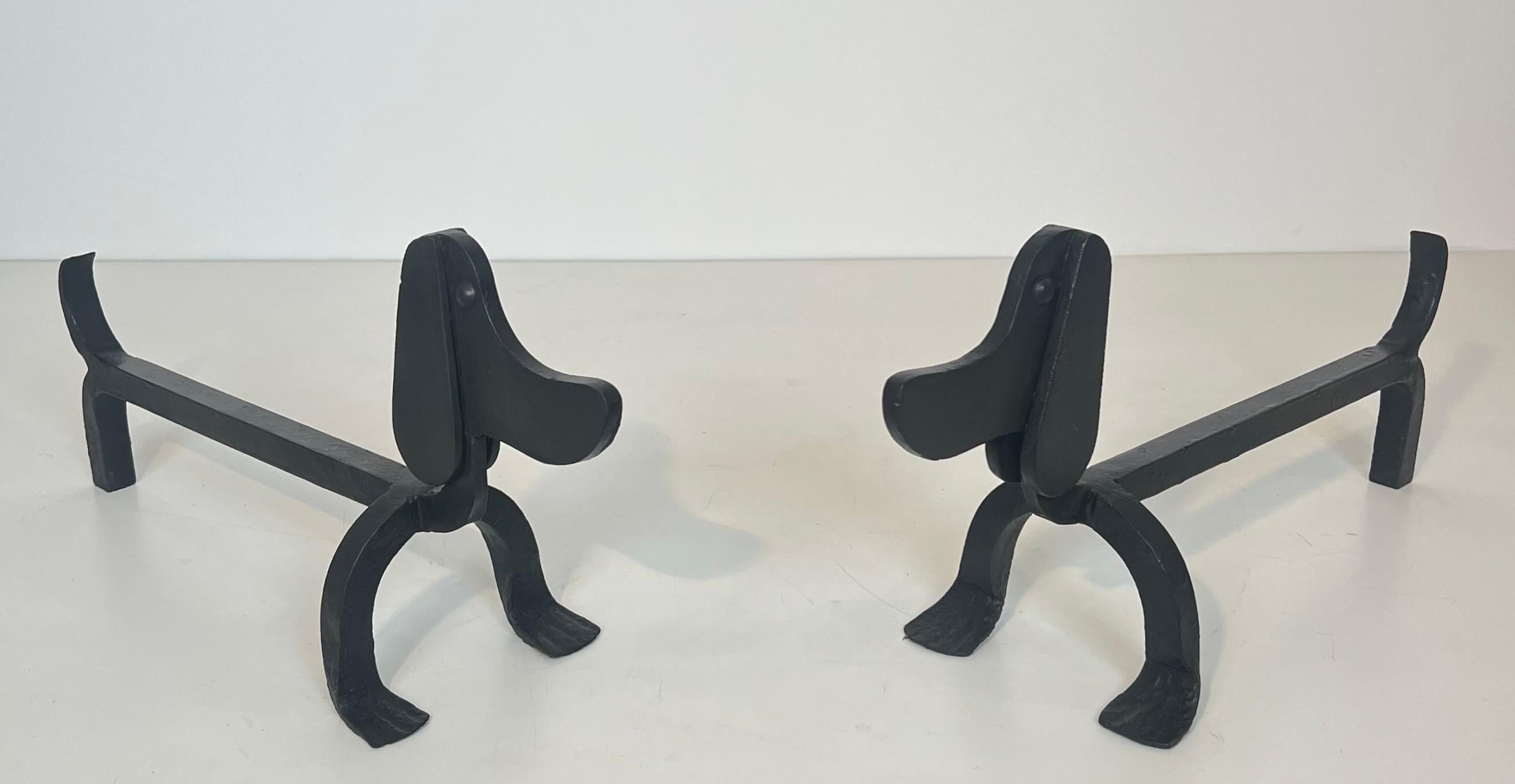Pair of Wrought Iron Andirons Representing Dachshunds Attrib. to Edouard Schenck For Sale 14