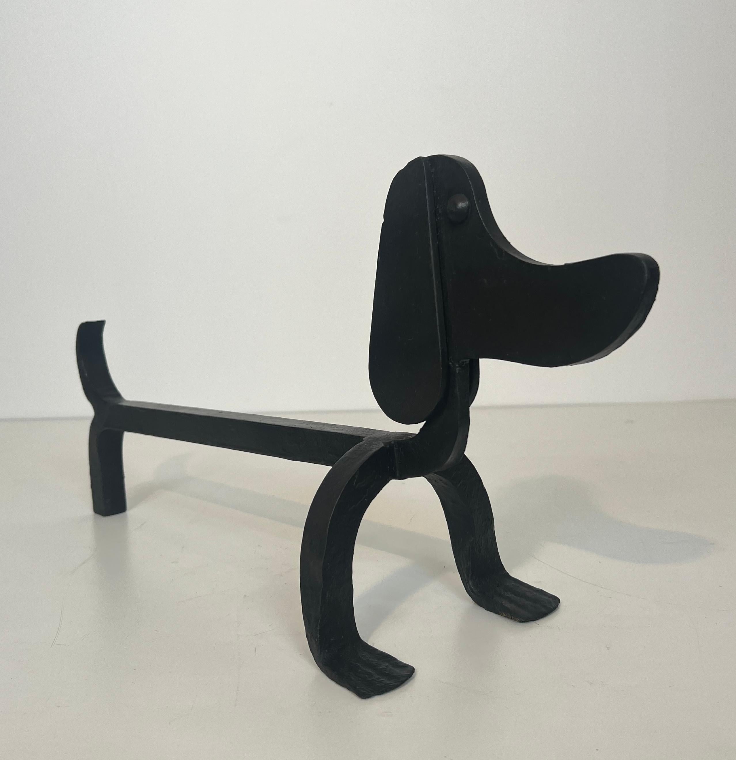 French Pair of Wrought Iron Andirons Representing Dachshunds Attrib. to Edouard Schenck For Sale