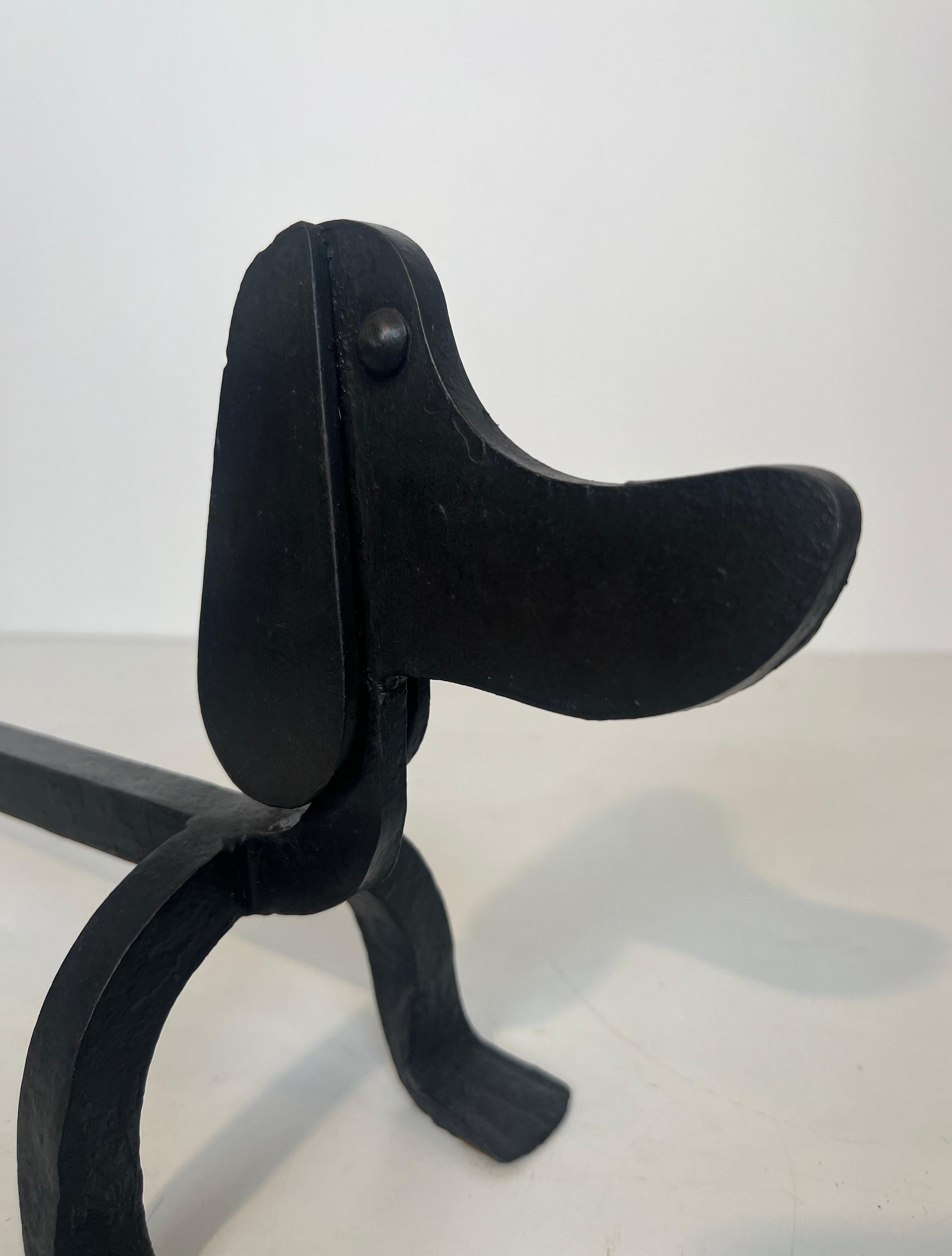 Pair of Wrought Iron Andirons Representing Dachshunds Attrib. to Edouard Schenck For Sale 1