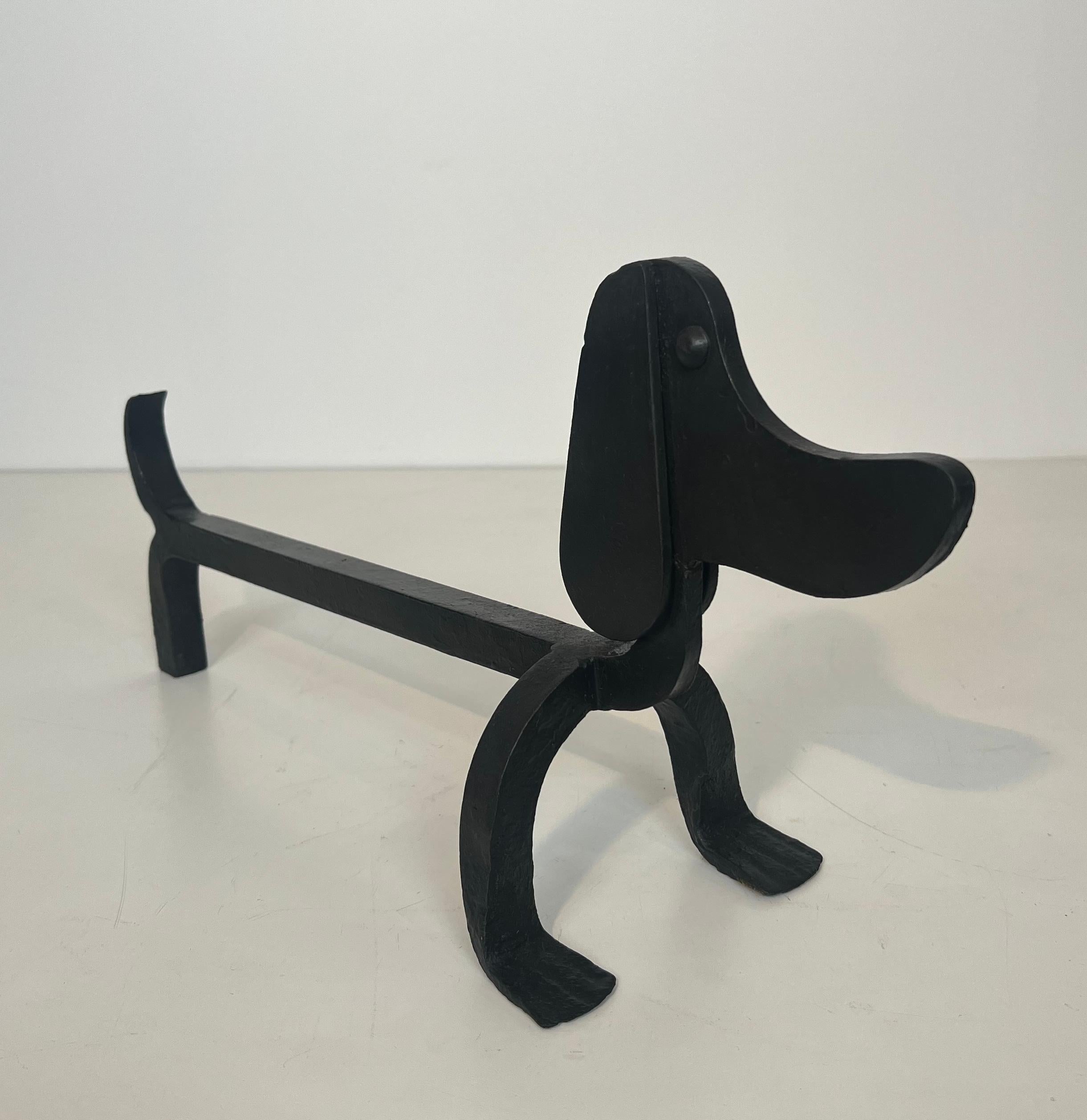 Pair of Wrought Iron Andirons Representing Dachshunds Attrib. to Edouard Schenck For Sale 2