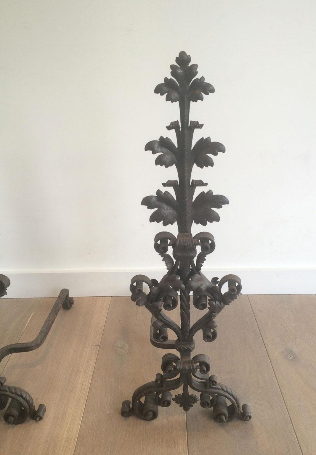 Romantic Pair of Wrought Iron Andirons, Very Fine Work, French, 19th Century For Sale