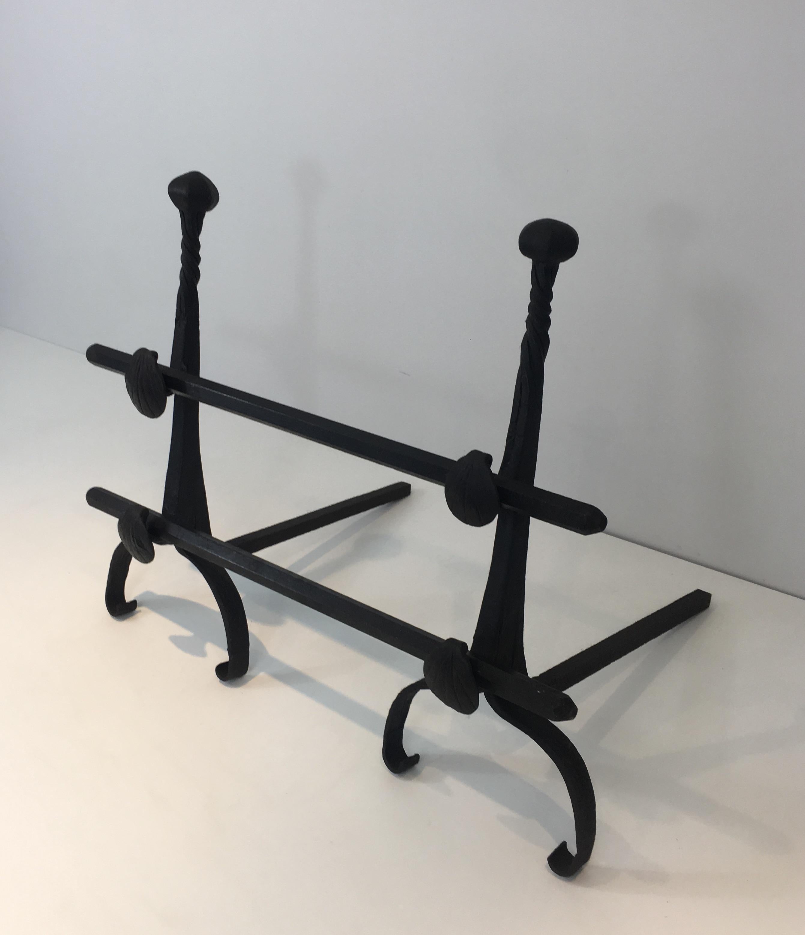 Pair of Wrought Iron Andirons with Double Bars, French, 19th Century For Sale 15