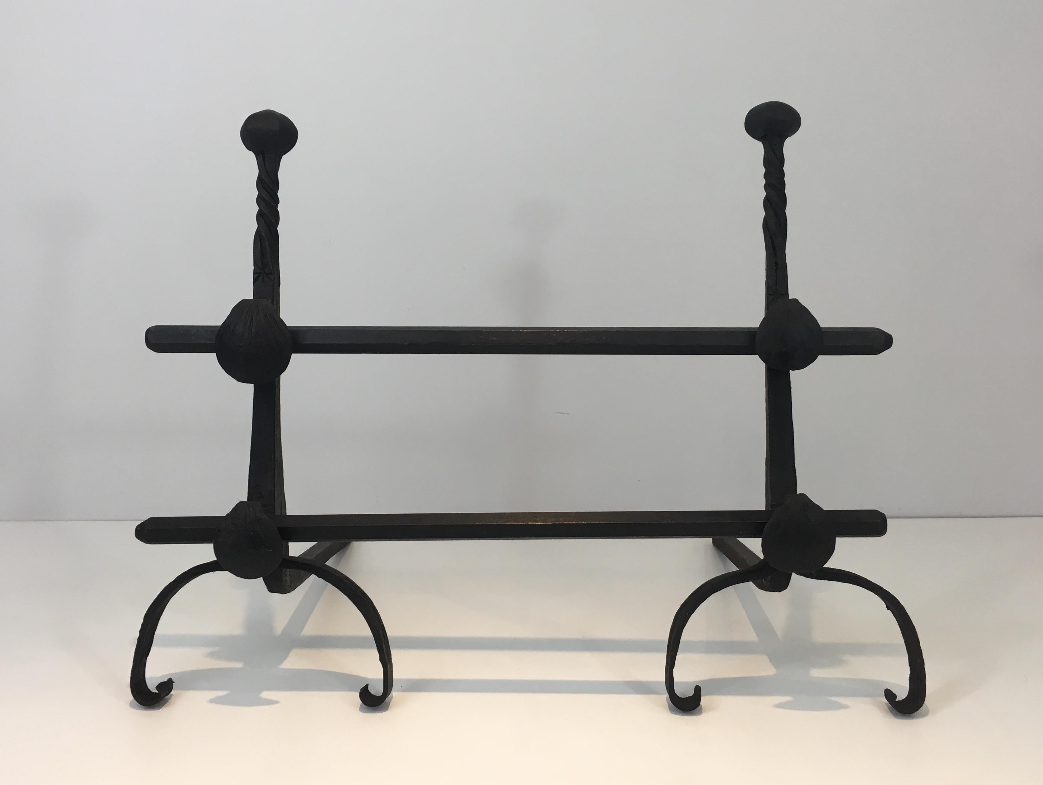 Gothic Pair of Wrought Iron Andirons with Double Bars, French, 19th Century For Sale