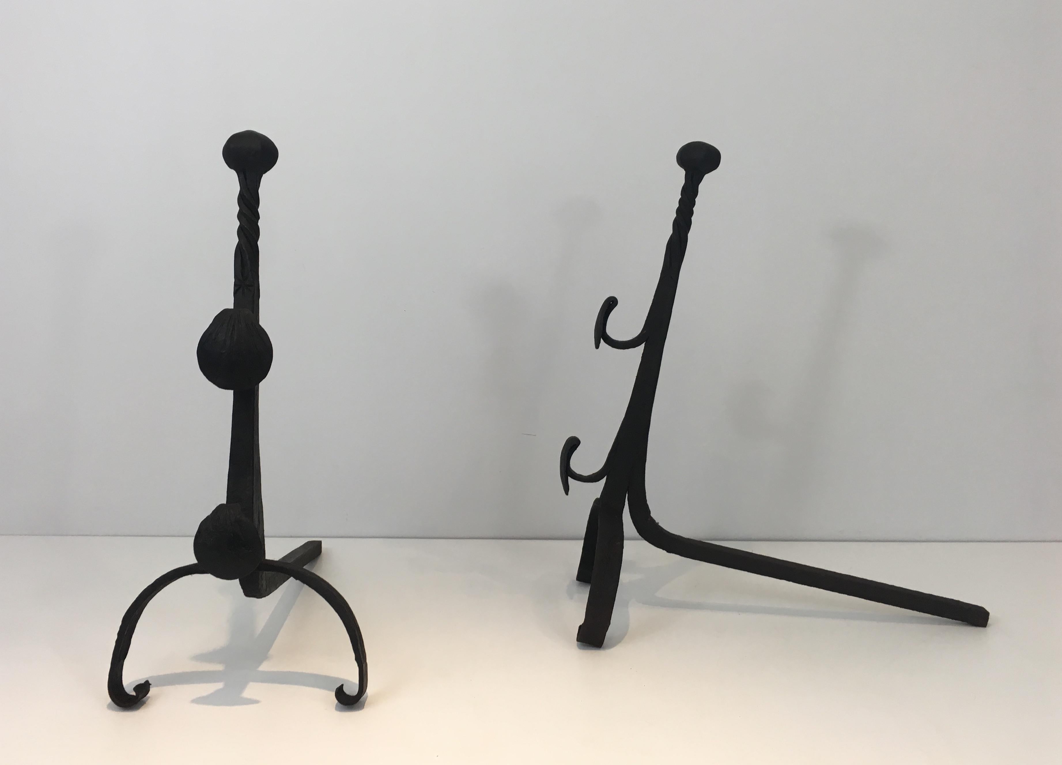 Late 19th Century Pair of Wrought Iron Andirons with Double Bars, French, 19th Century For Sale