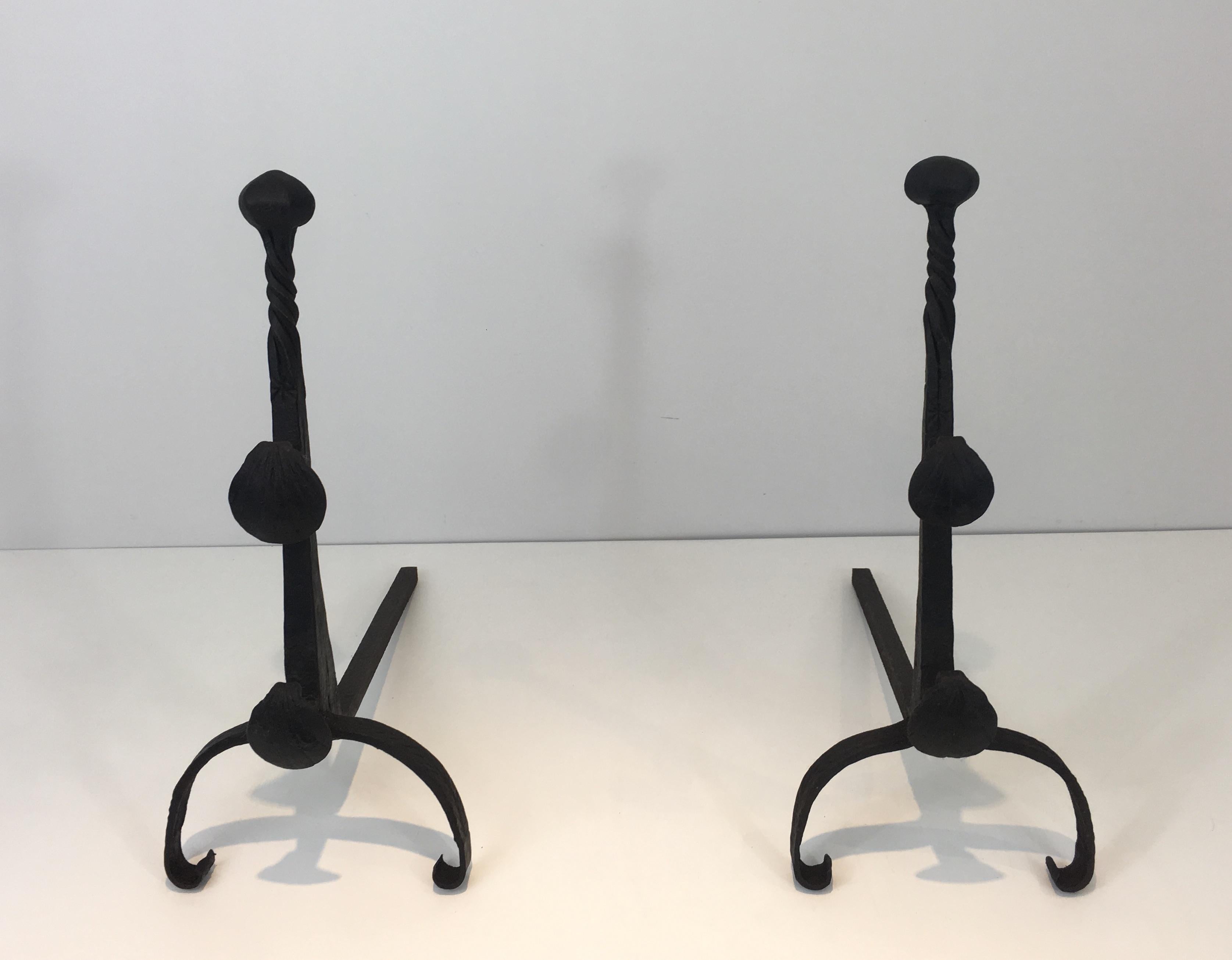Pair of Wrought Iron Andirons with Double Bars, French, 19th Century For Sale 1