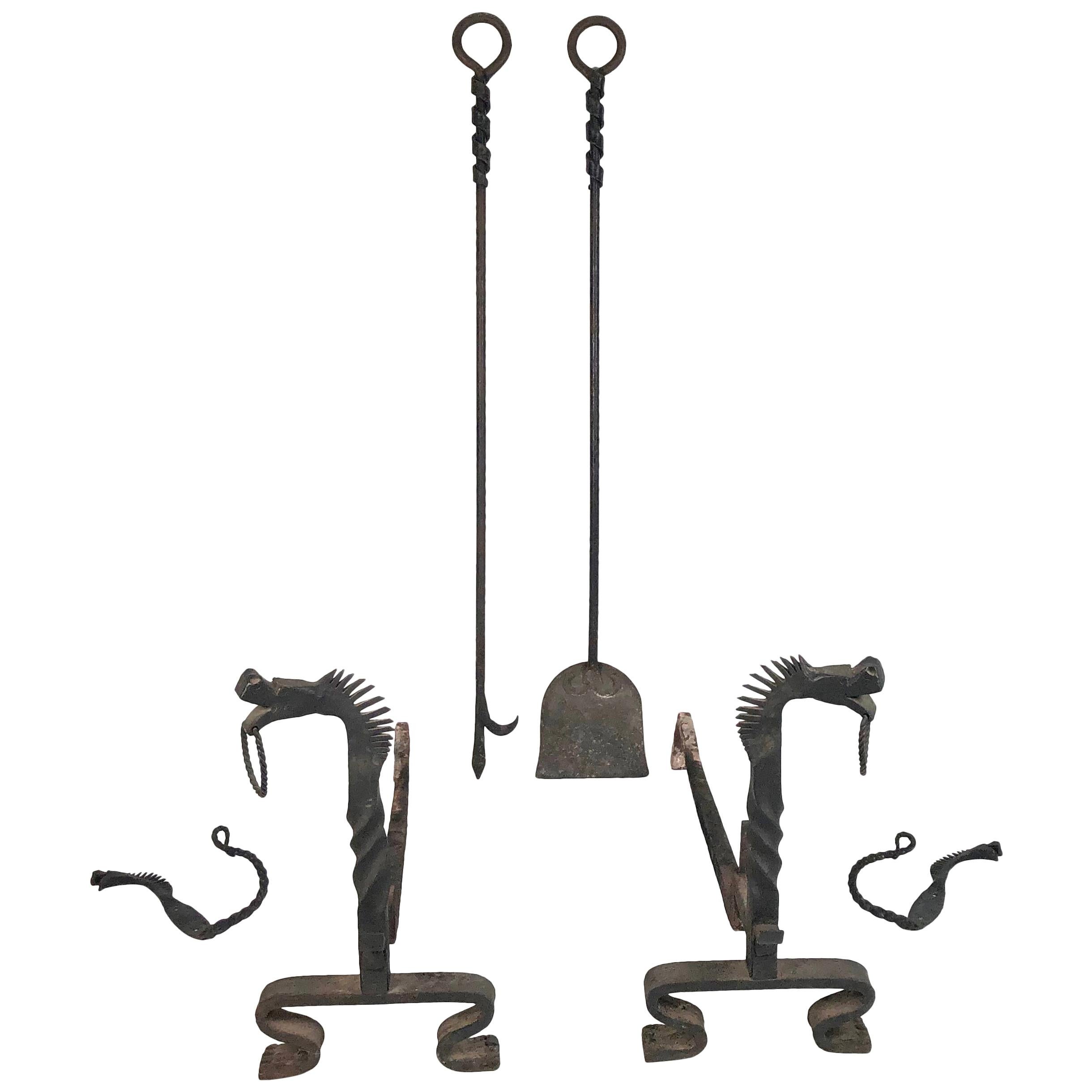 Pair of Wrought Iron Andirons with Fireplace Tools and Jamb Hooks